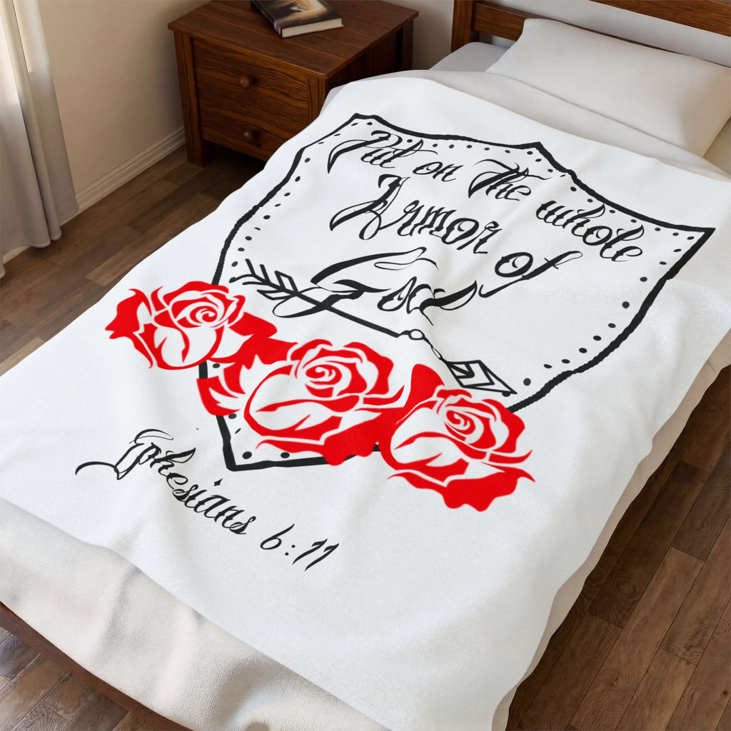 Velveteen Blanket — "Put on the Whole Armor of God" Ephesians 6:11 Christian Throw with Shield & Roses