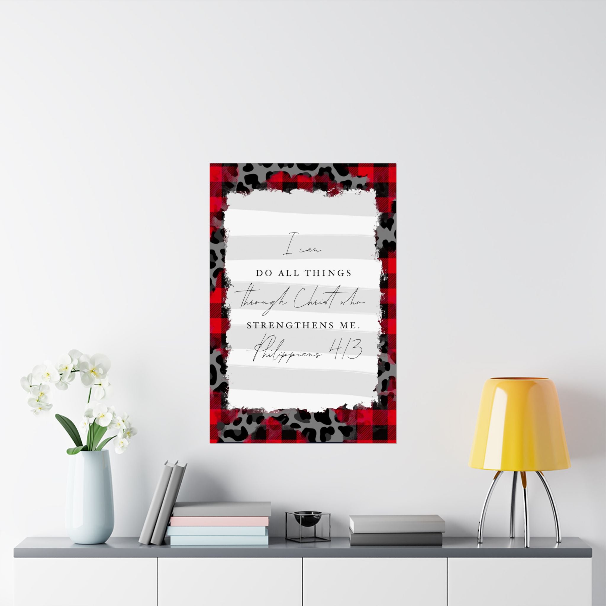 Inspirational Poster - "I can do all things through Christ" Plaid & Leopard Matte Vertical Print