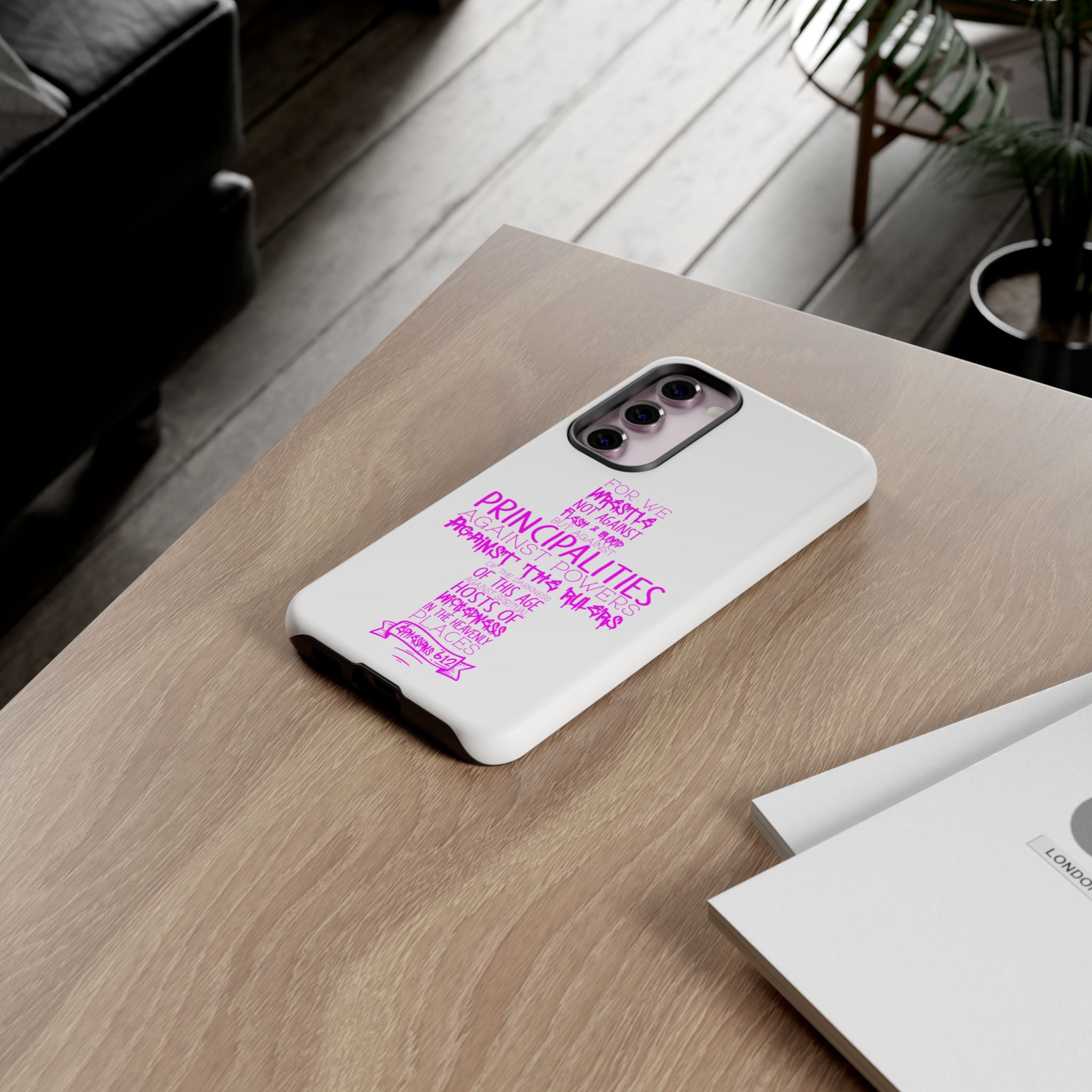 Armor of God Christian Cross Phone Case — Ephesians 6:12 Pink Typography Tough Case