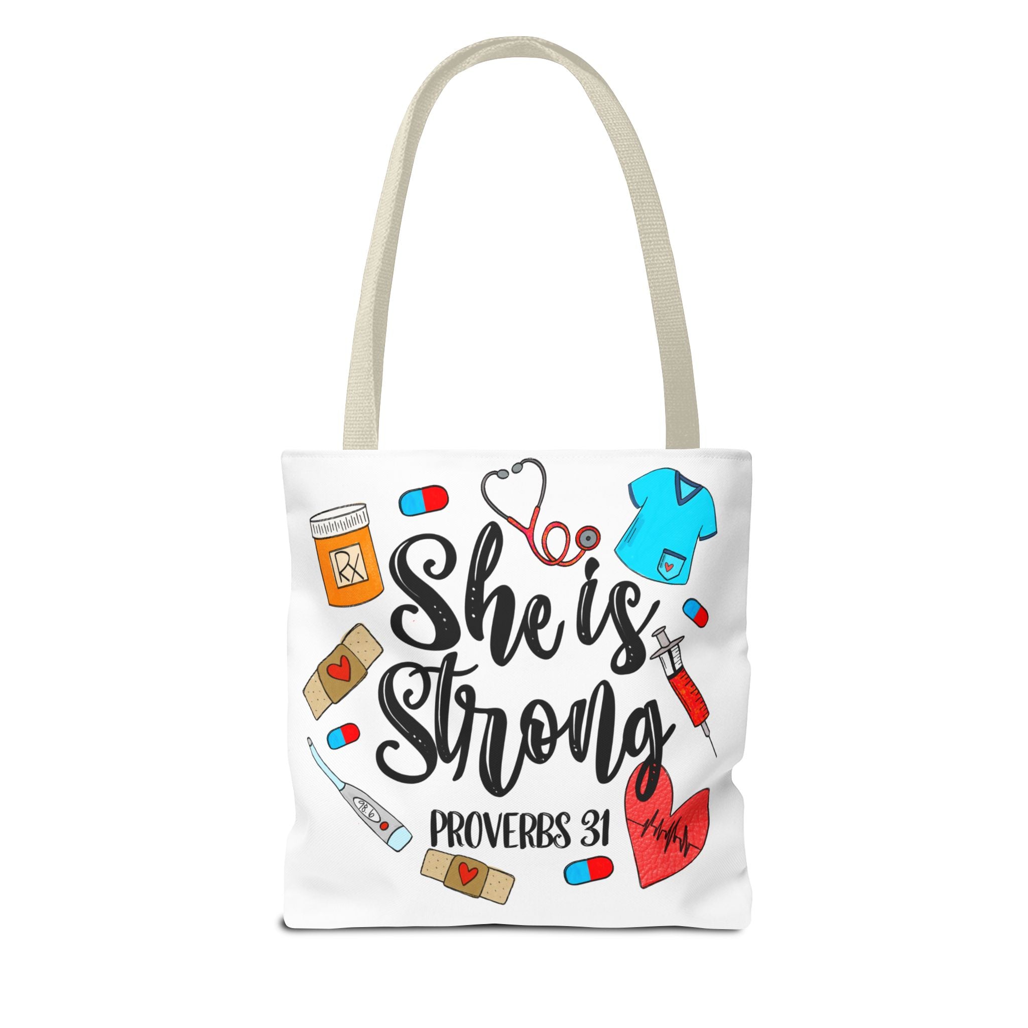 She Is Strong Tote Bag - Proverbs 31 Nurse & Healthcare Inspirational Canvas Tote