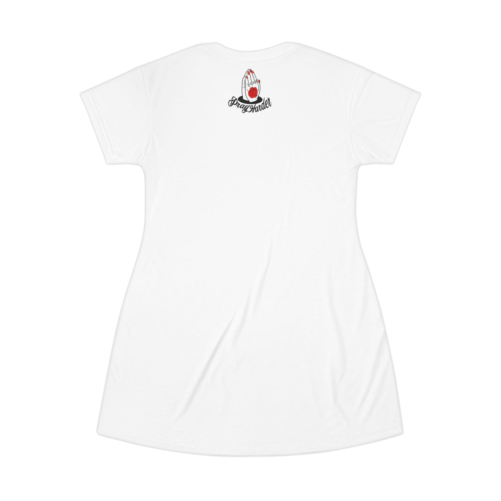 Pray Harder T‑Shirt Dress — Graphic Prayer Hands with Rose