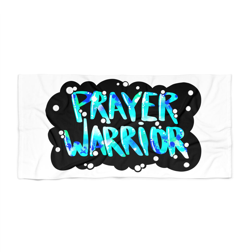 Prayer Warrior Beach Towel — Bold Aqua Typography Christian Faith Towel