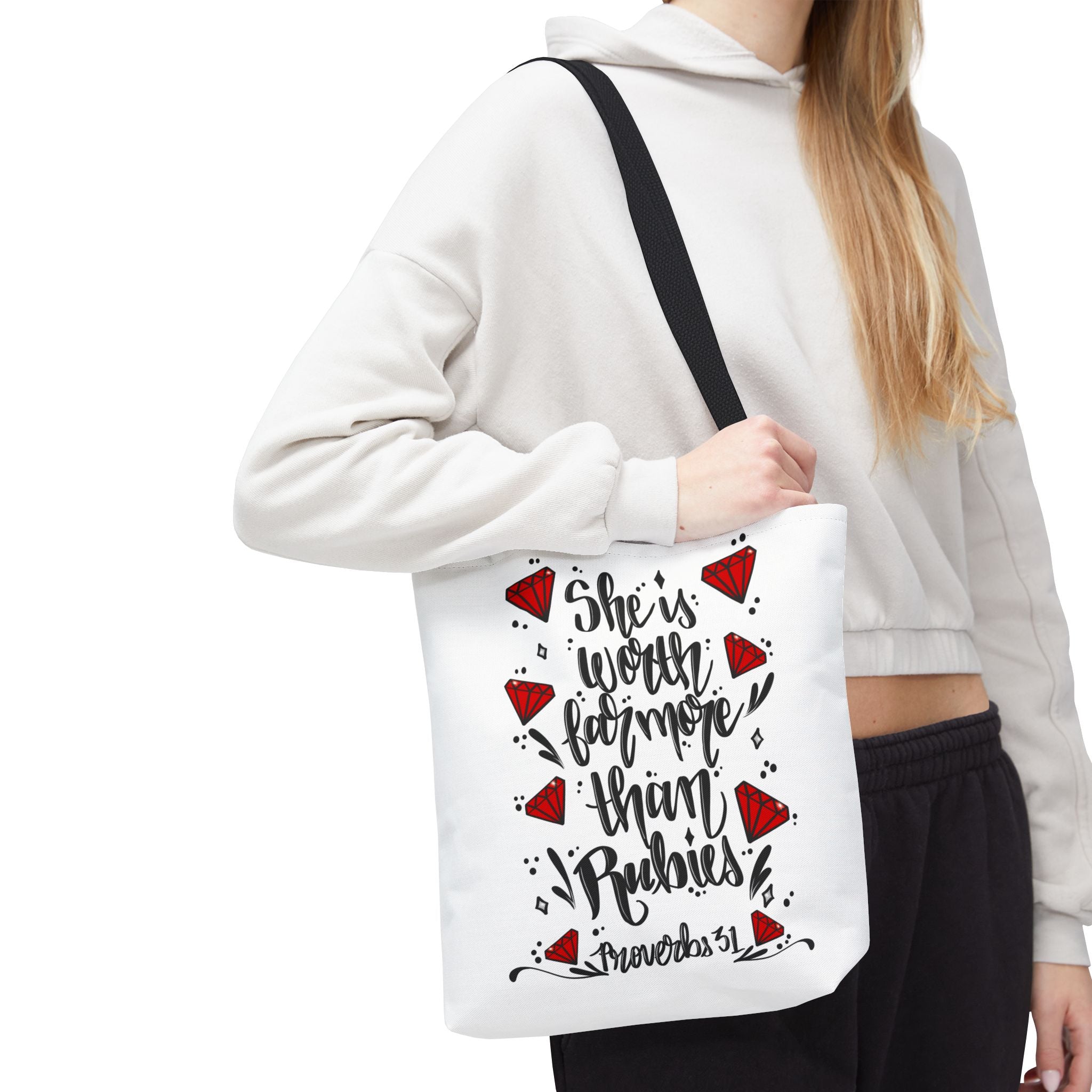 Tote Bag — "She’s Worth Far More Than Rubies" Inspirational Proverbs 31 Scripture Tote