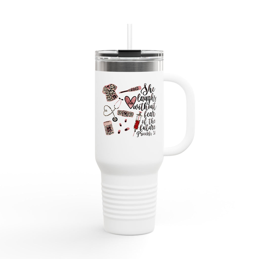 40oz Insulated Travel Mug — “She Laughs Without Fear of the Future” Floral Nurse Coffee Tumbler