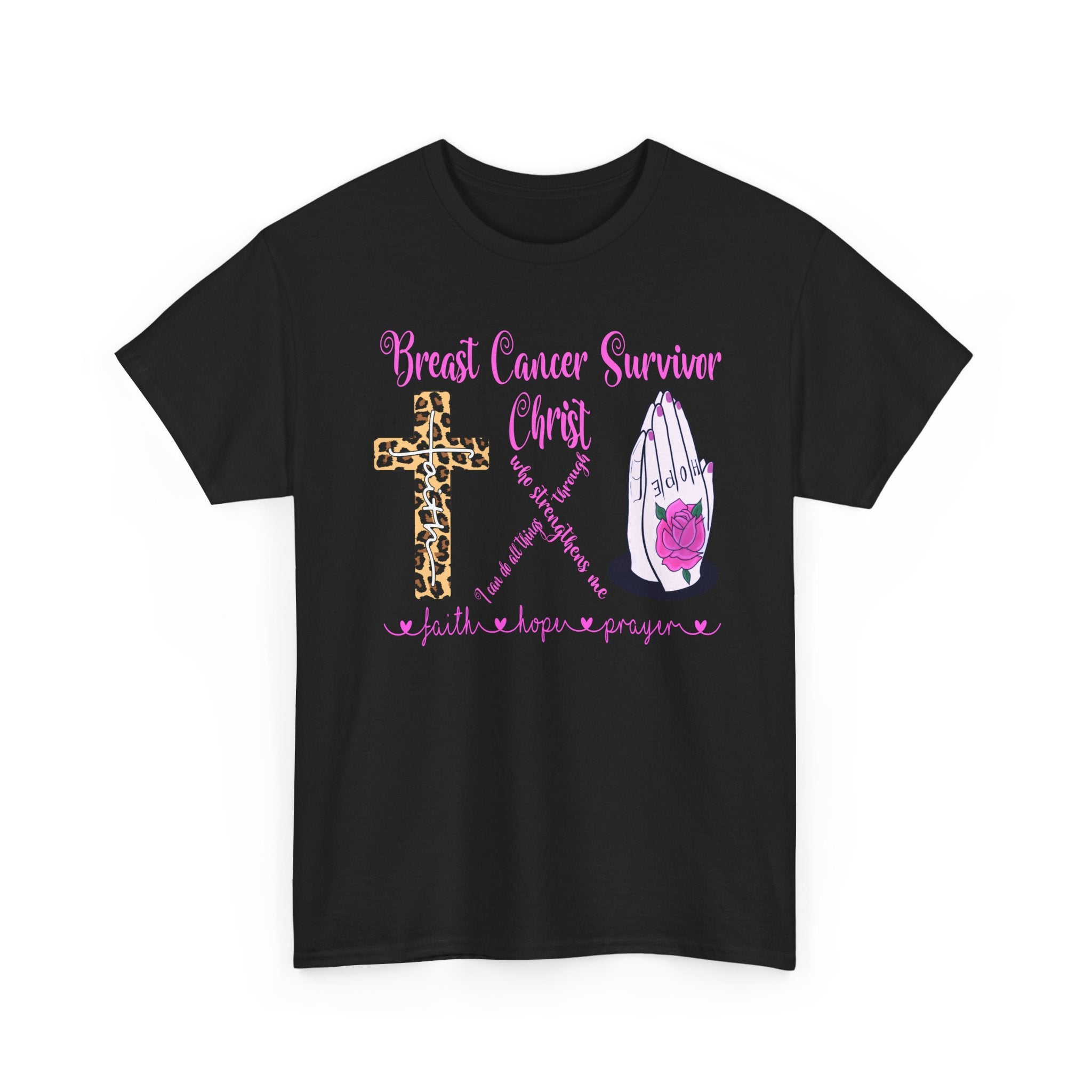 Breast Cancer Survivor Tee – Leopard Cross & Praying Hands Pink Ribbon Shirt