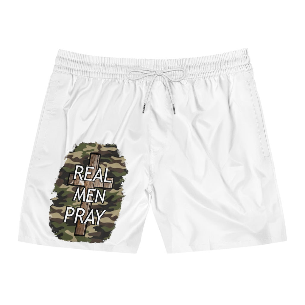 Men's Swim Shorts — "Real Men Pray" Camo Cross Beach Trunks