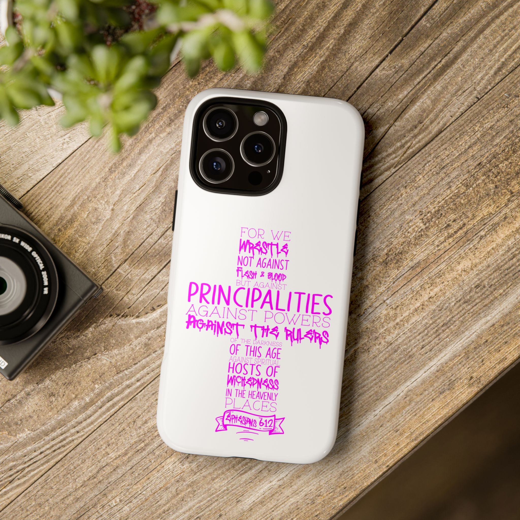 Armor of God Christian Cross Phone Case — Ephesians 6:12 Pink Typography Tough Case