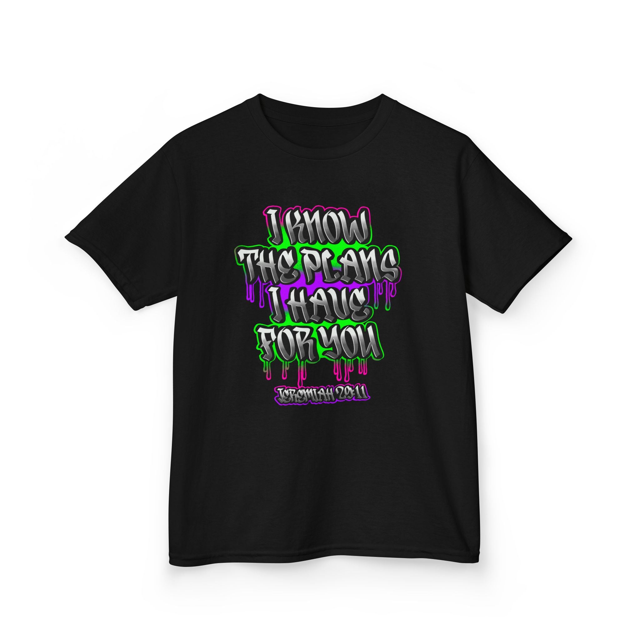 Kids Tee — "I Know The Plans I Have for You Jeremiah 29:11" Drip Graffiti Design