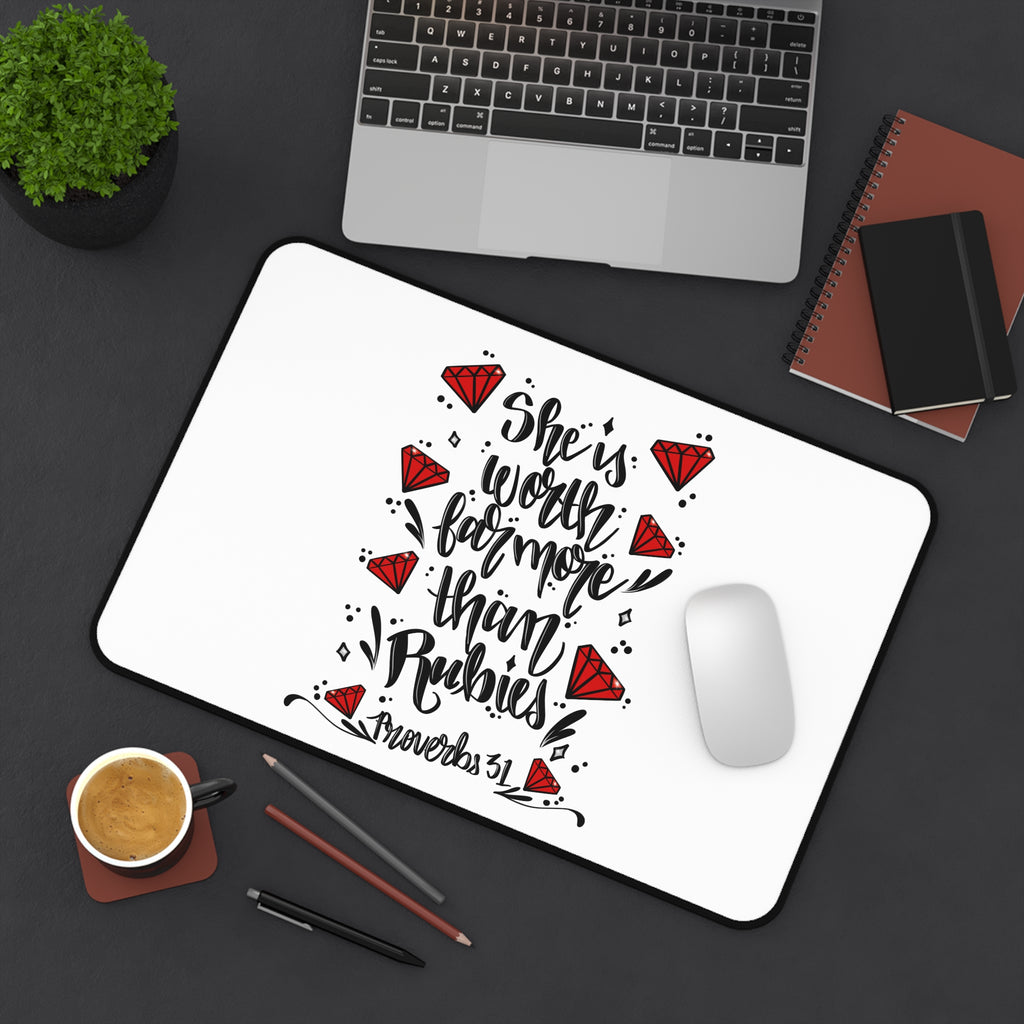 Desk Mat — "She’s Worth Far More Than Rubies" Inspirational Christian Desk Mat