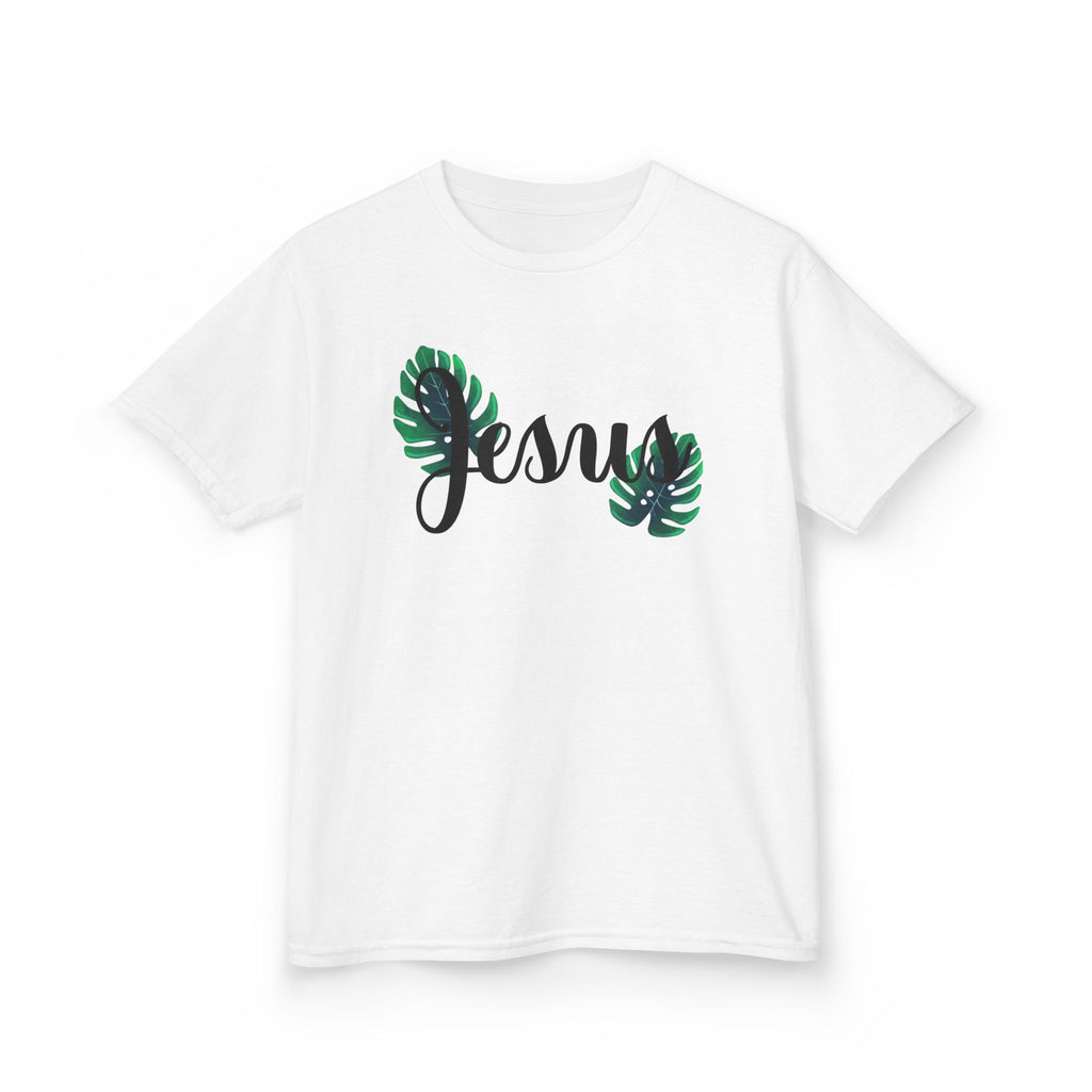 Kids "Jesus" Tee with Tropical Monstera Leaves - Christian Kids T-Shirt