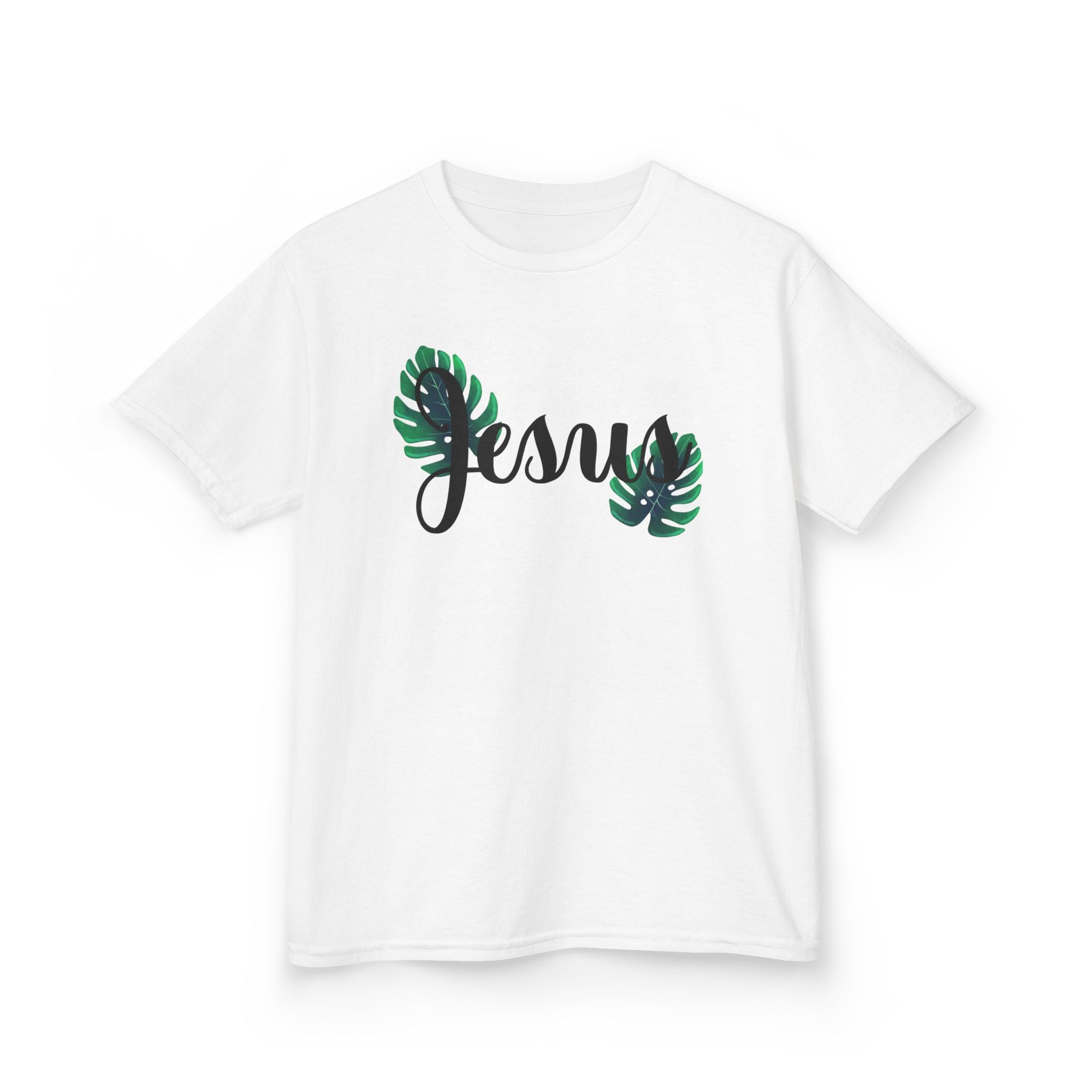 Kids "Jesus" Tee with Tropical Monstera Leaves - Christian Kids T-Shirt