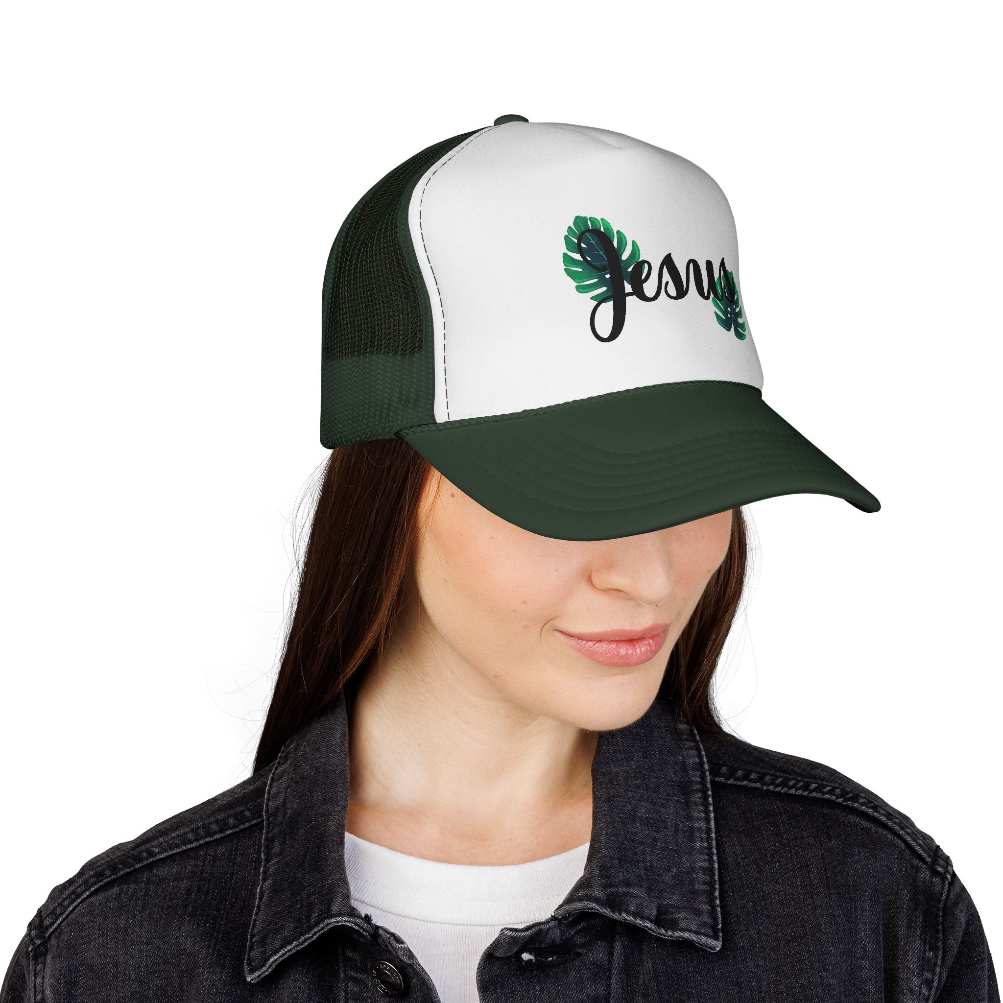 Jesus Script Trucker Cap — Tropical Leaf Faith Hat