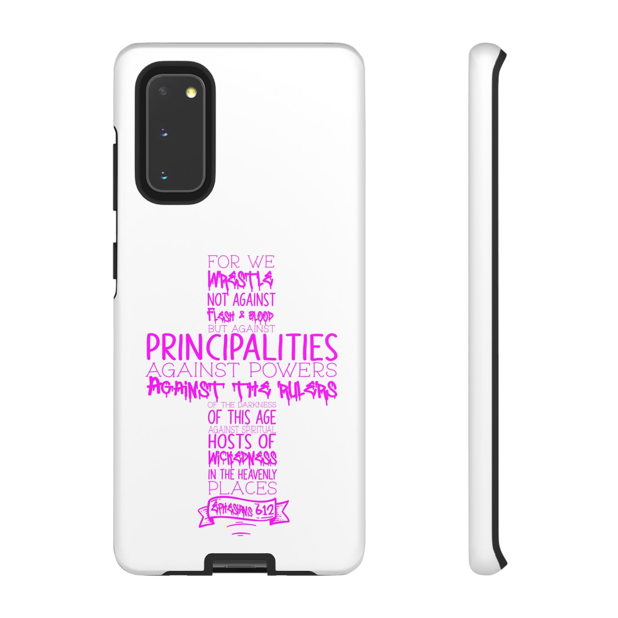 Armor of God Christian Cross Phone Case — Ephesians 6:12 Pink Typography Tough Case
