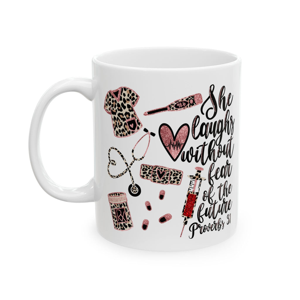 She Laughs Without Fear Coffee Nurse Mug — Proverbs 31 Nursing Leopard Ceramic Mug (11oz/15oz)