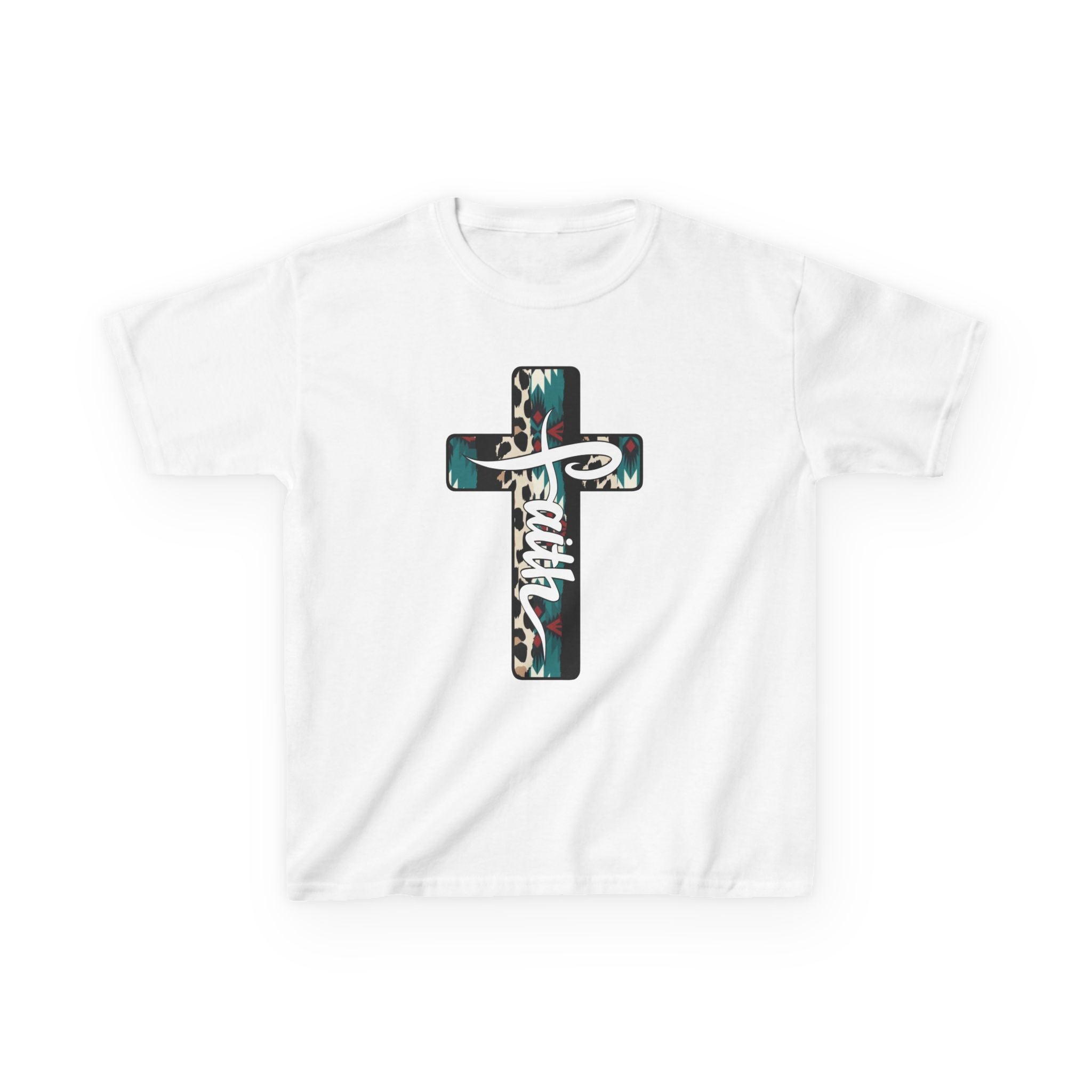 Kids Tee — Turquoise Leopard Cross “Faith” Christian Shirt