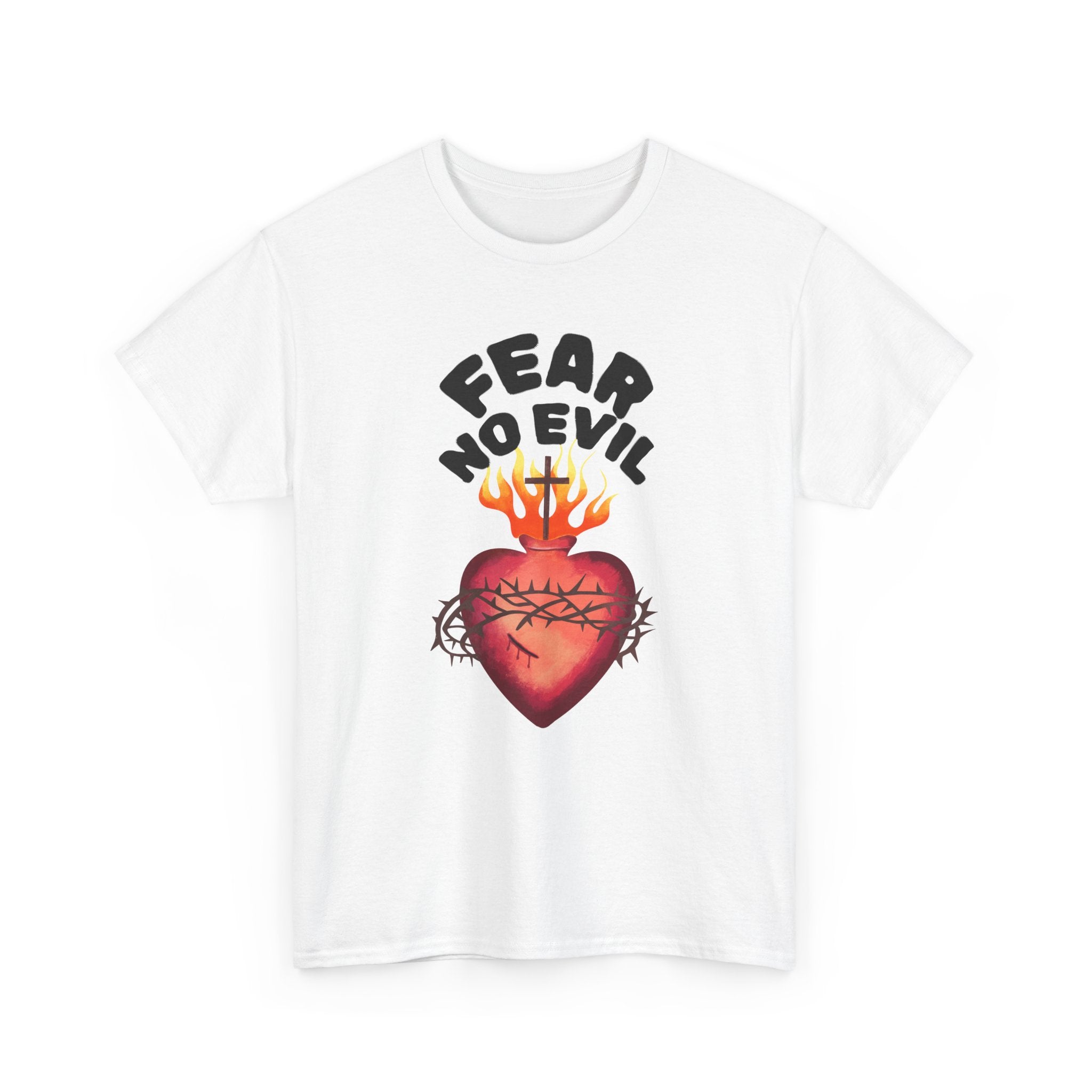 Fear No Evil Tee — Sacred Heart Flame Graphic T‑Shirt