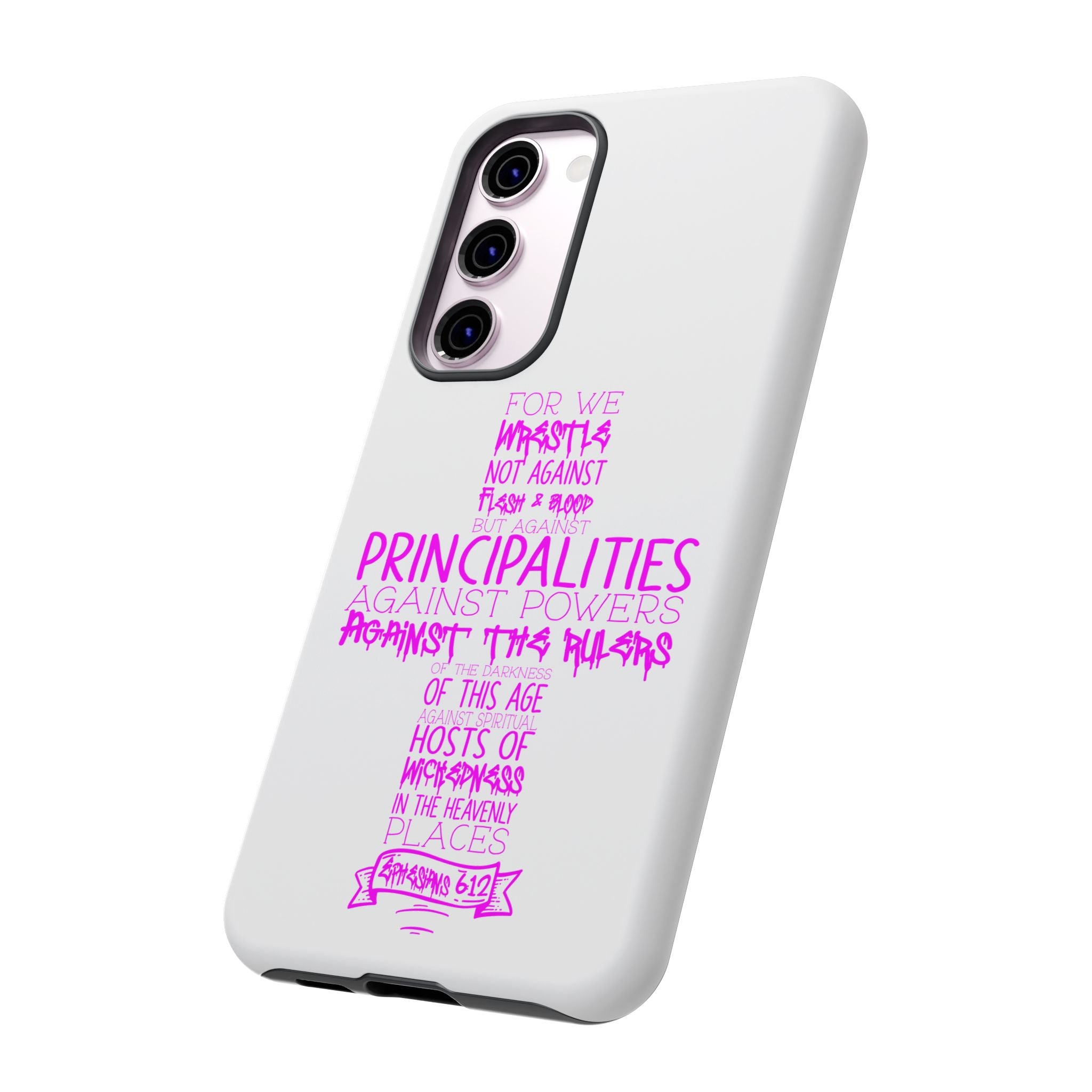 Armor of God Christian Cross Phone Case — Ephesians 6:12 Pink Typography Tough Case
