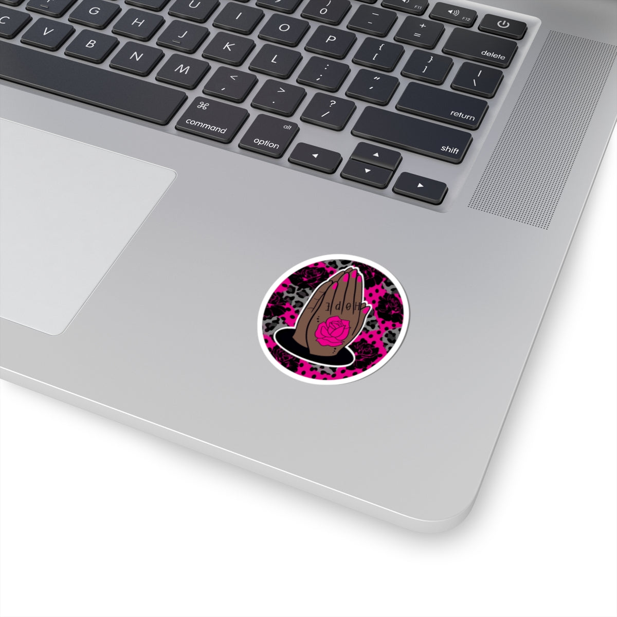 Praying Hands Rose Sticker — Pink Leopard Kiss-Cut Vinyl Sticker