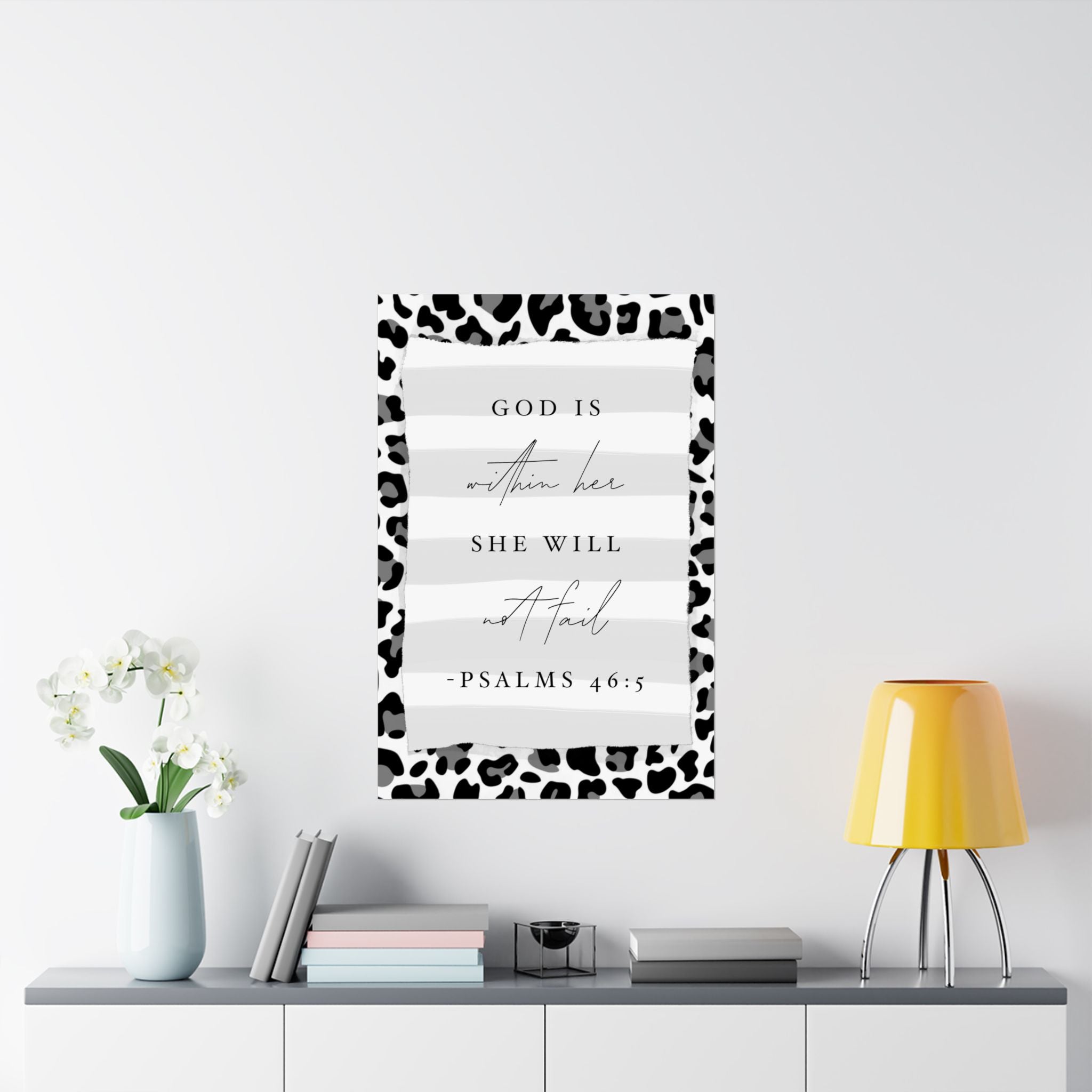 Psalms 46:5 Leopard Border Matte Vertical Poster — "God is within her; she will not fail" Inspirational Wall Art