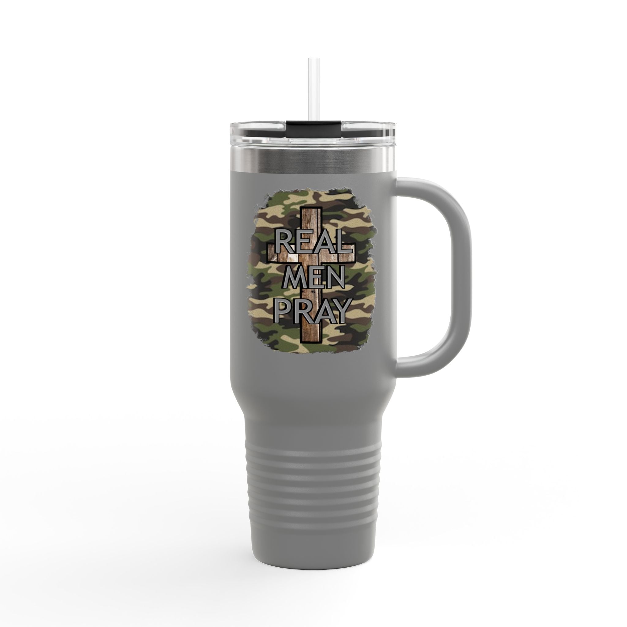 40oz Insulated Travel Mug — "Real Men Pray" Camouflage Cross Design