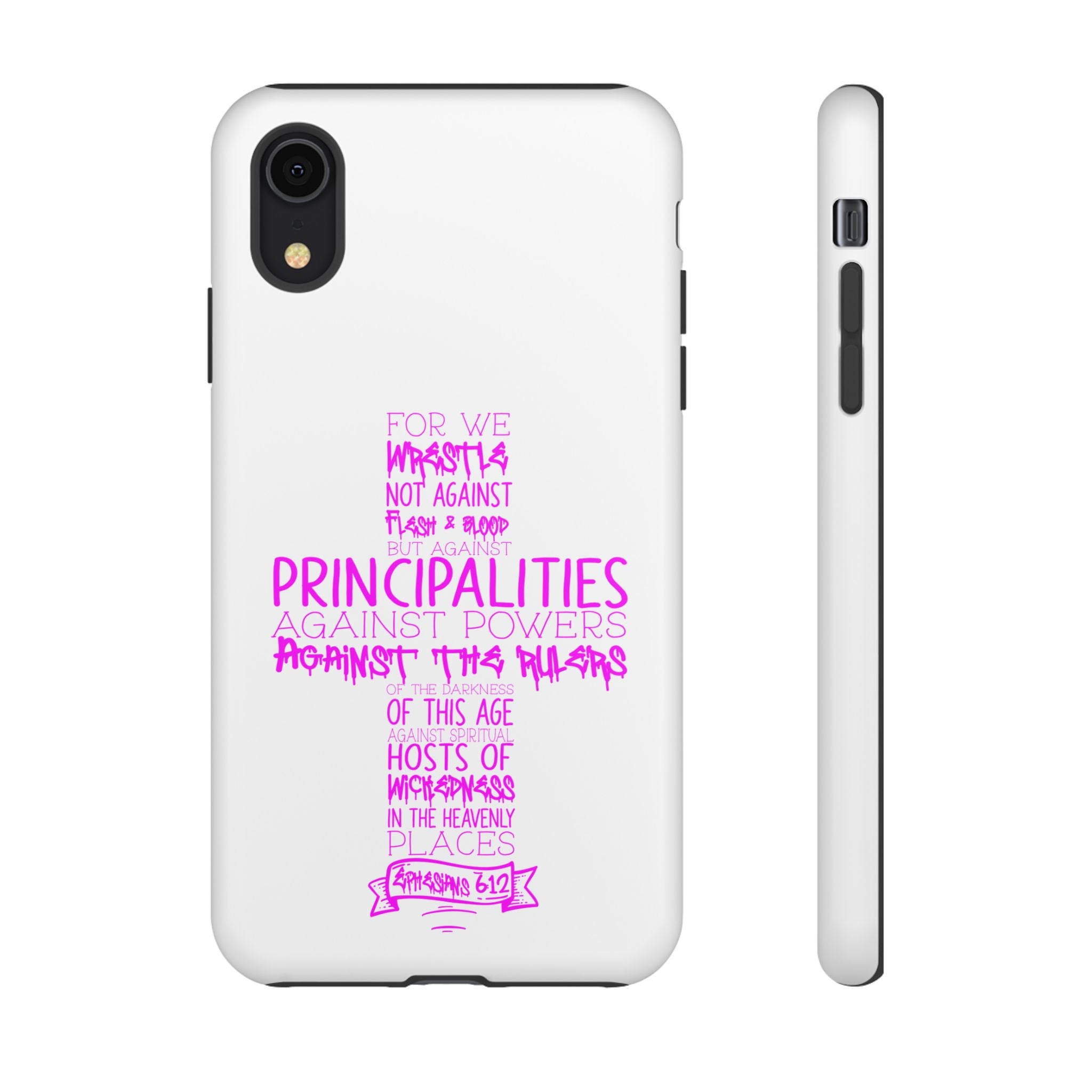 Armor of God Christian Cross Phone Case — Ephesians 6:12 Pink Typography Tough Case