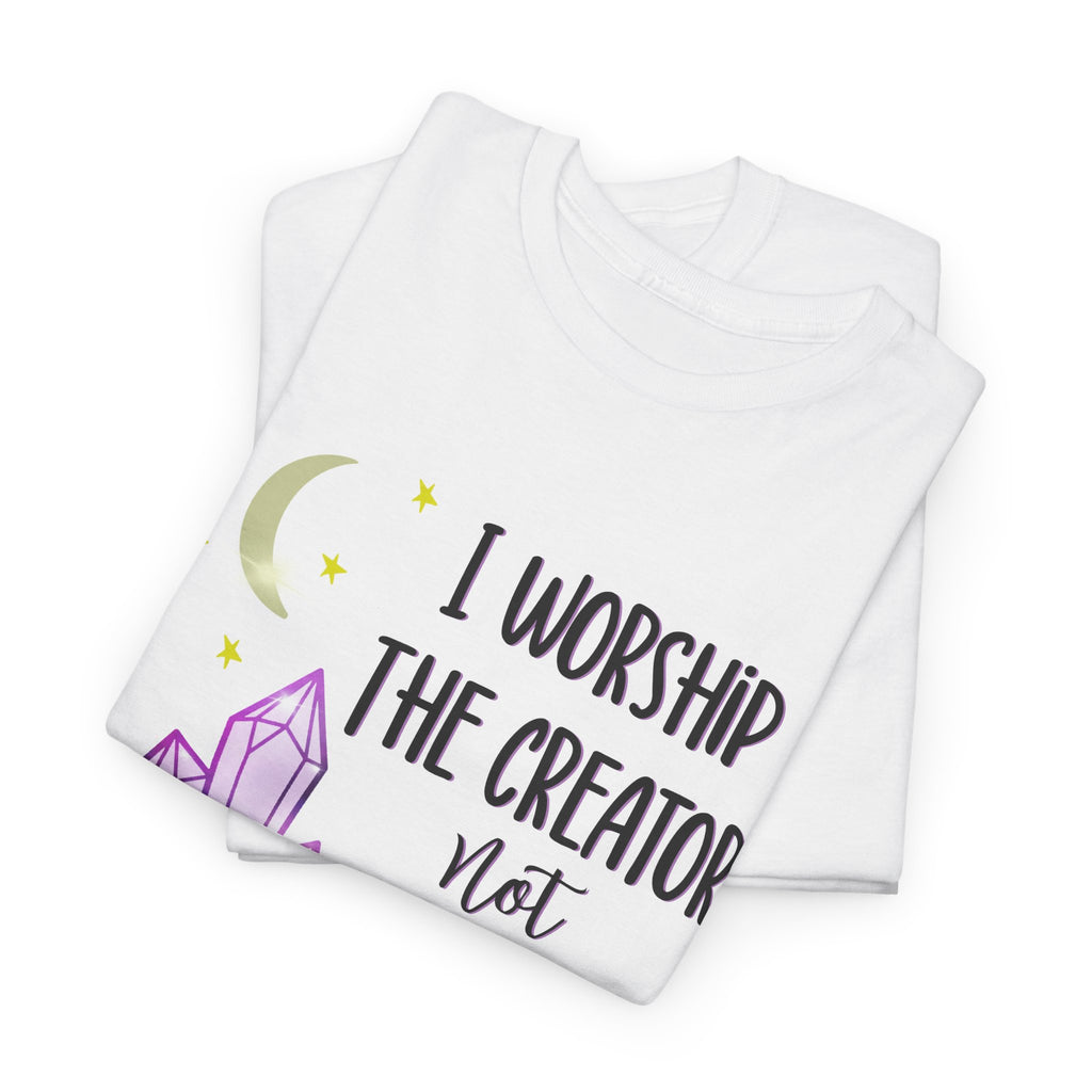Christian Graphic Tee - "I Worship The Creator Not Creations" Crystal Moon Faith T-Shirt