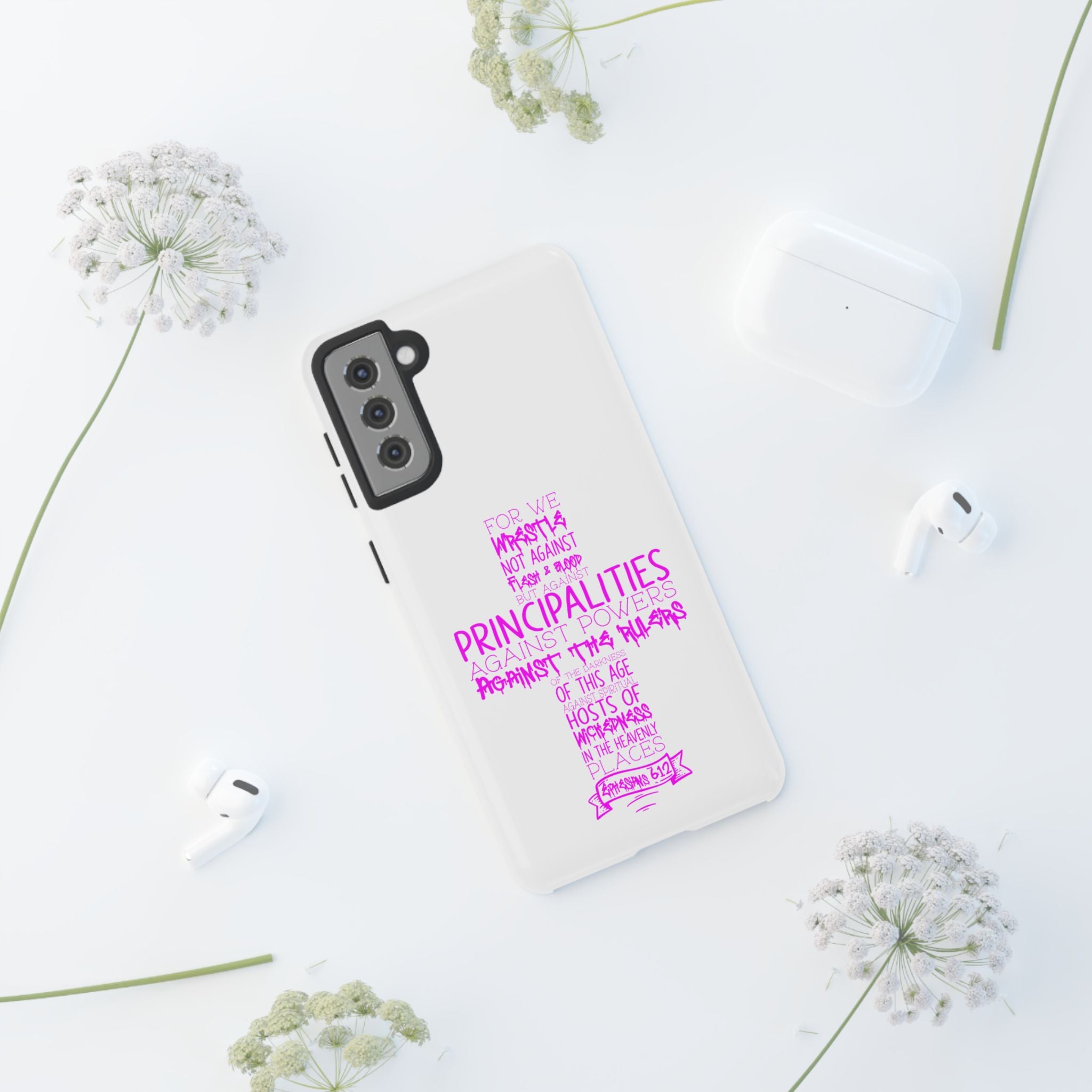 Armor of God Christian Cross Phone Case — Ephesians 6:12 Pink Typography Tough Case