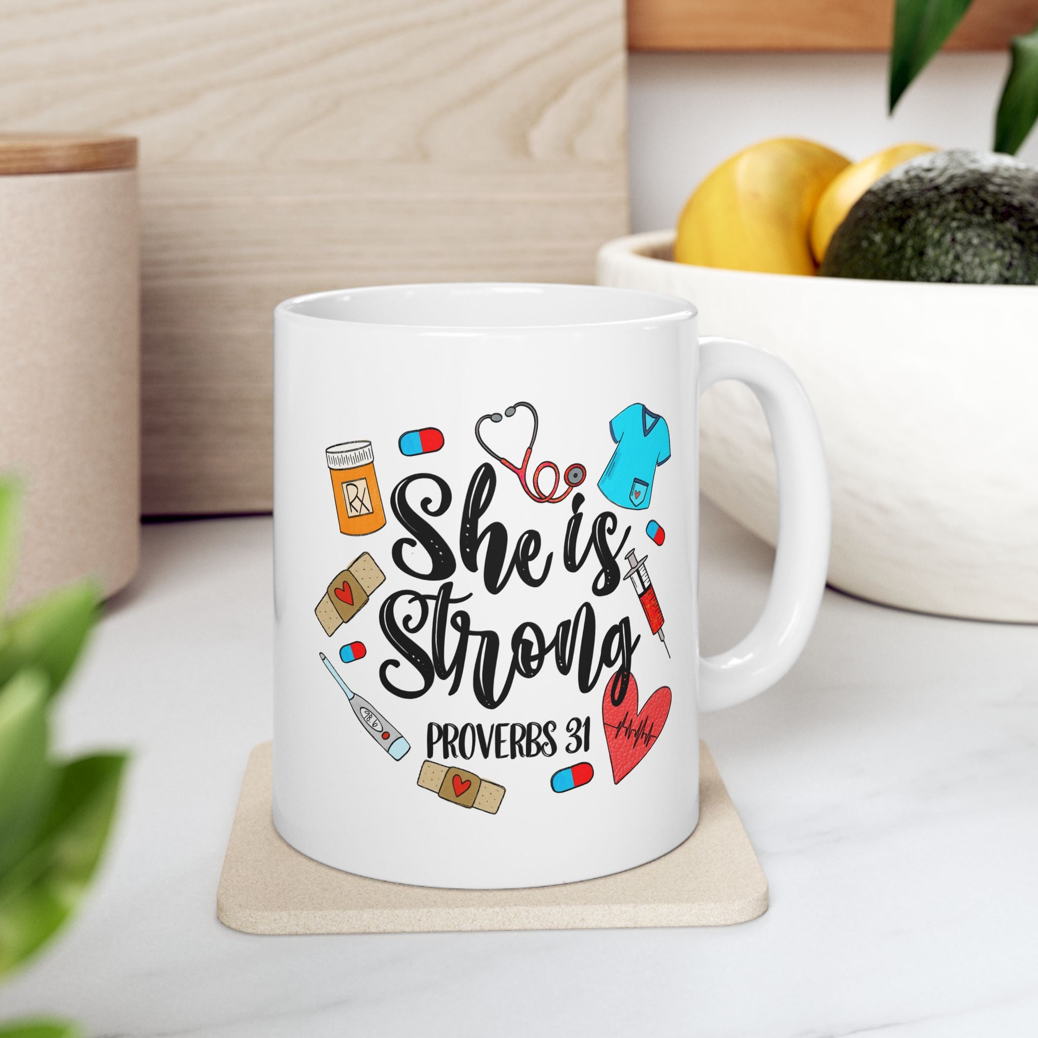 She is Strong Proverbs Nurse Life Ceramic Coffee Mug (11oz/15oz)