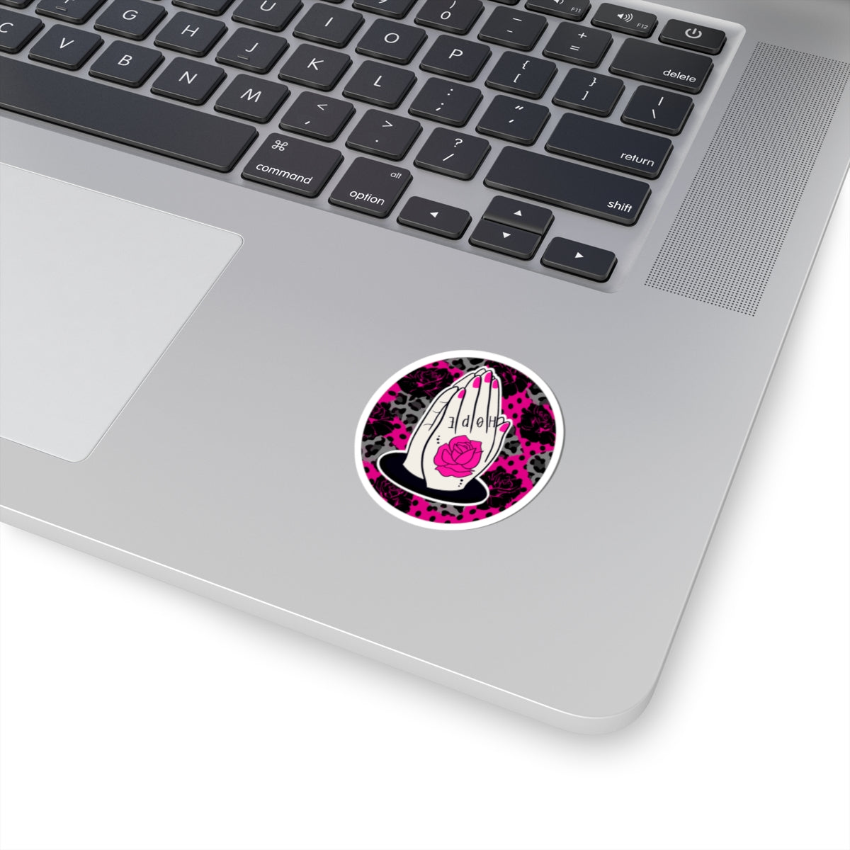 Praying Hands Rose Sticker — Pink Leopard Kiss-Cut Vinyl Sticker
