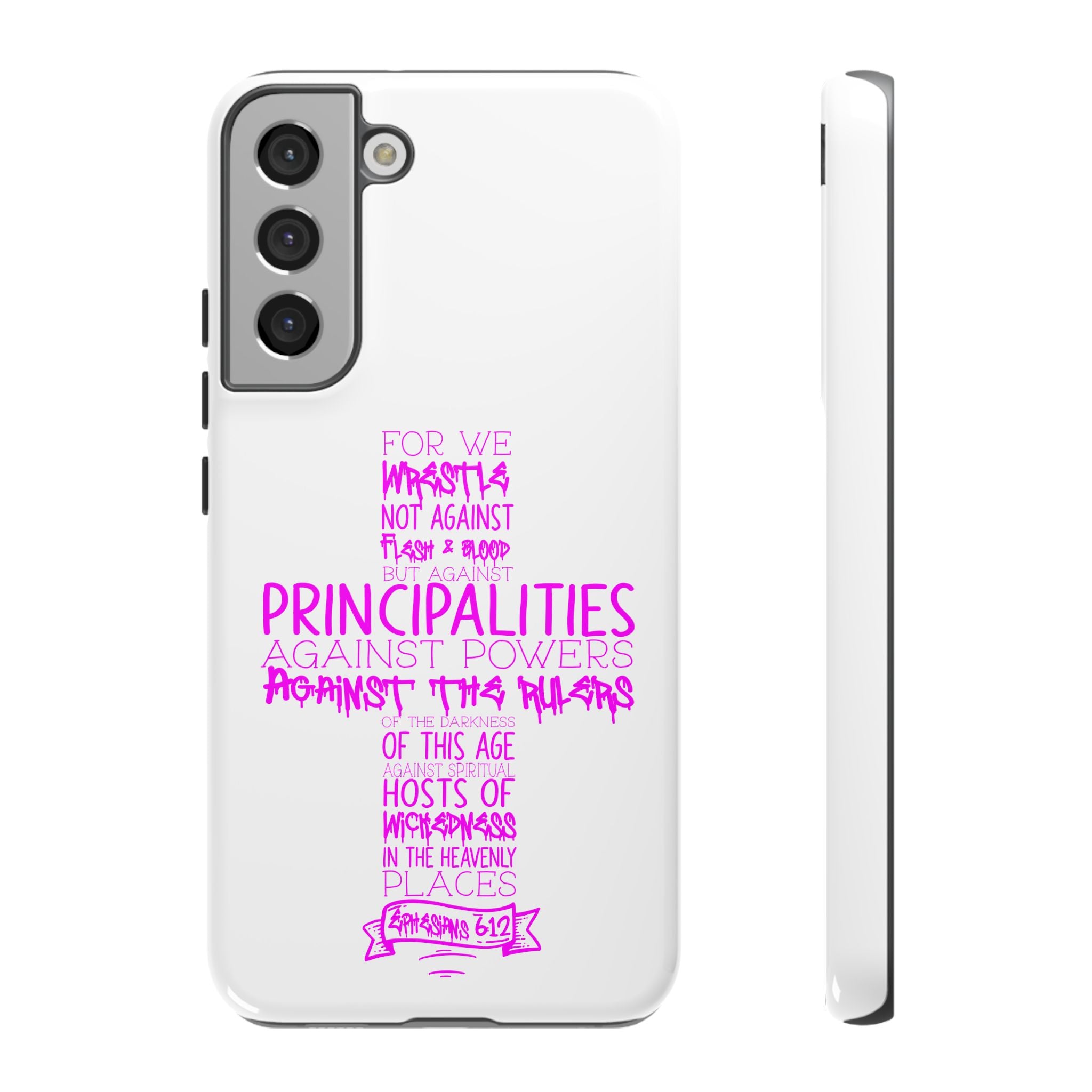 Armor of God Christian Cross Phone Case — Ephesians 6:12 Pink Typography Tough Case