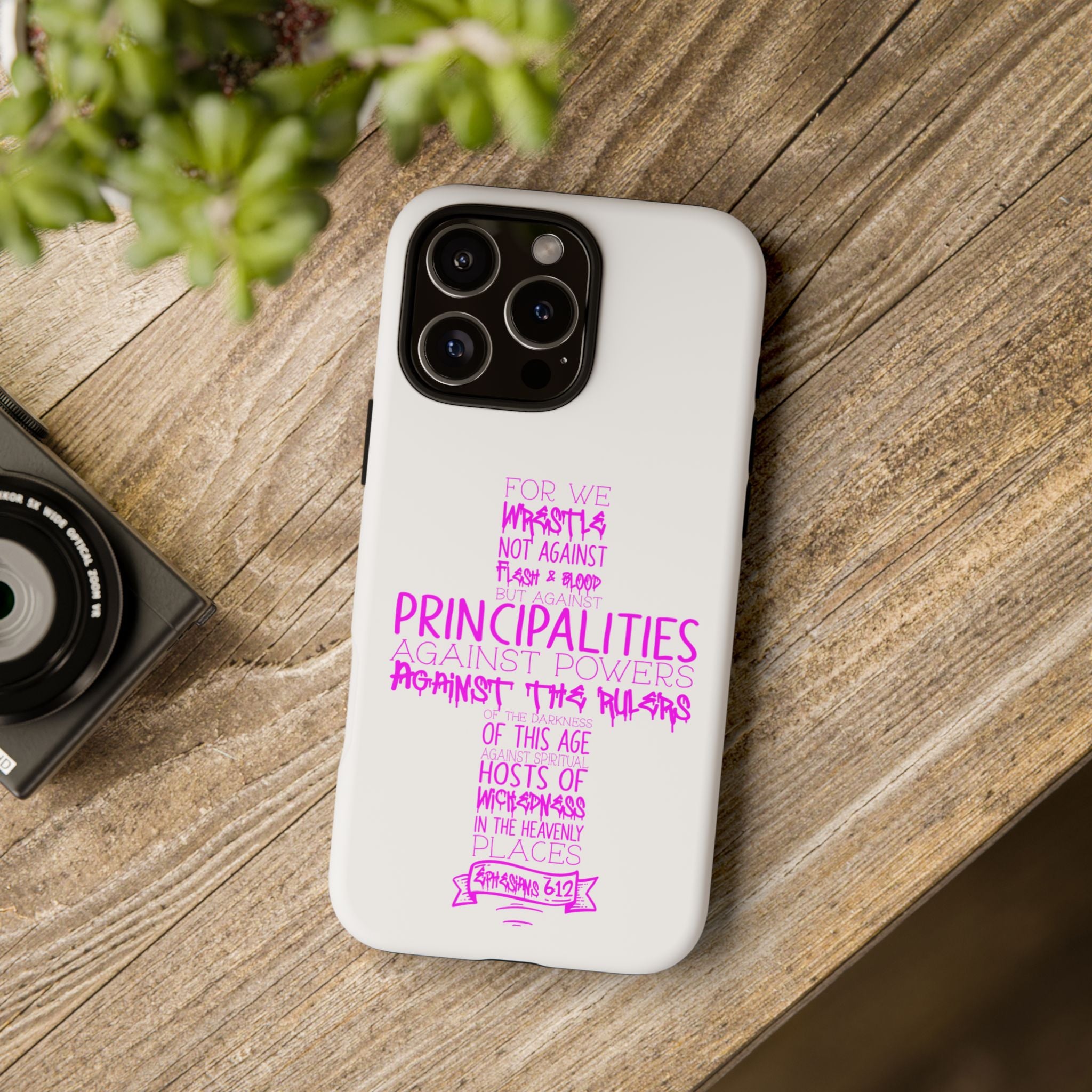 Armor of God Christian Cross Phone Case — Ephesians 6:12 Pink Typography Tough Case