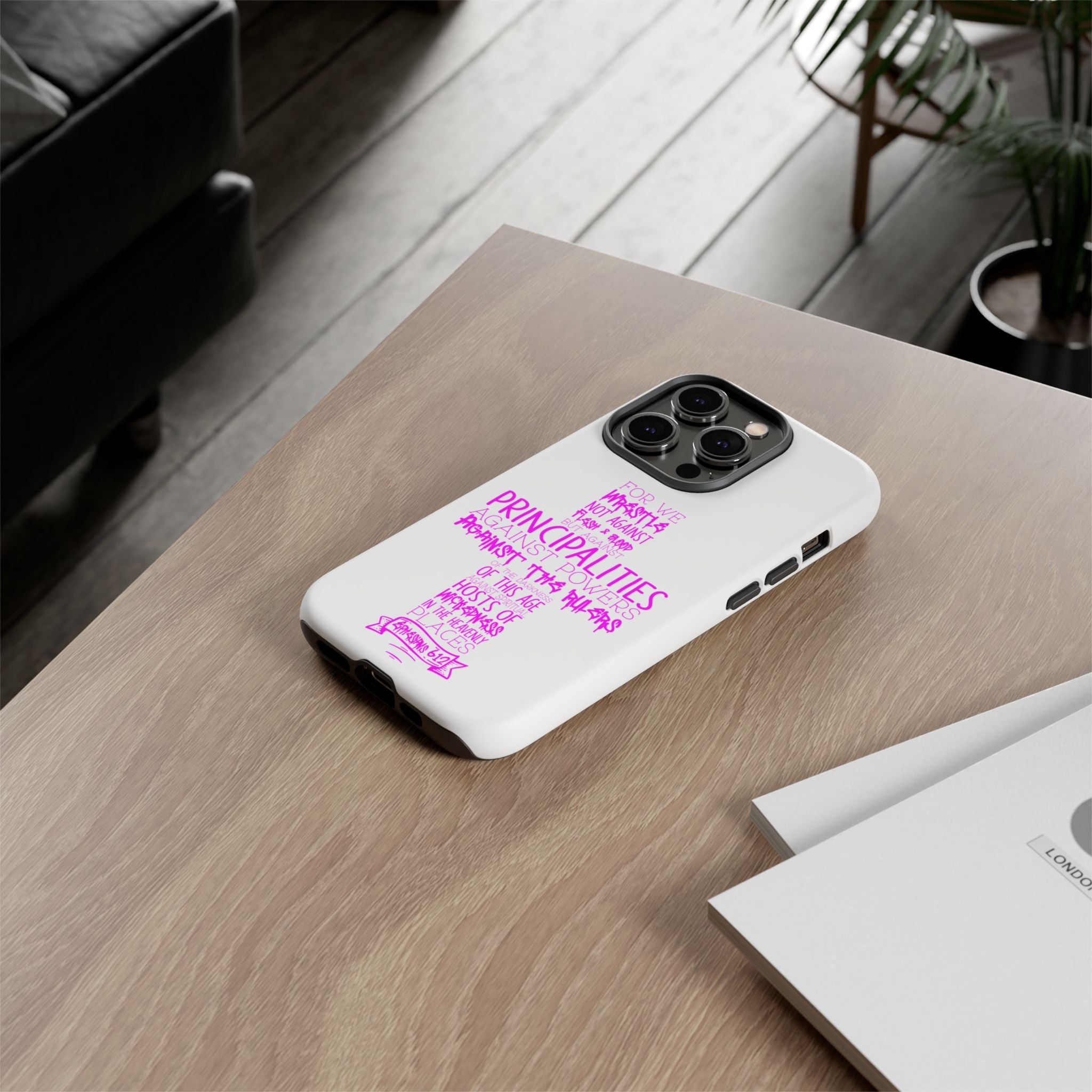 Armor of God Christian Cross Phone Case — Ephesians 6:12 Pink Typography Tough Case