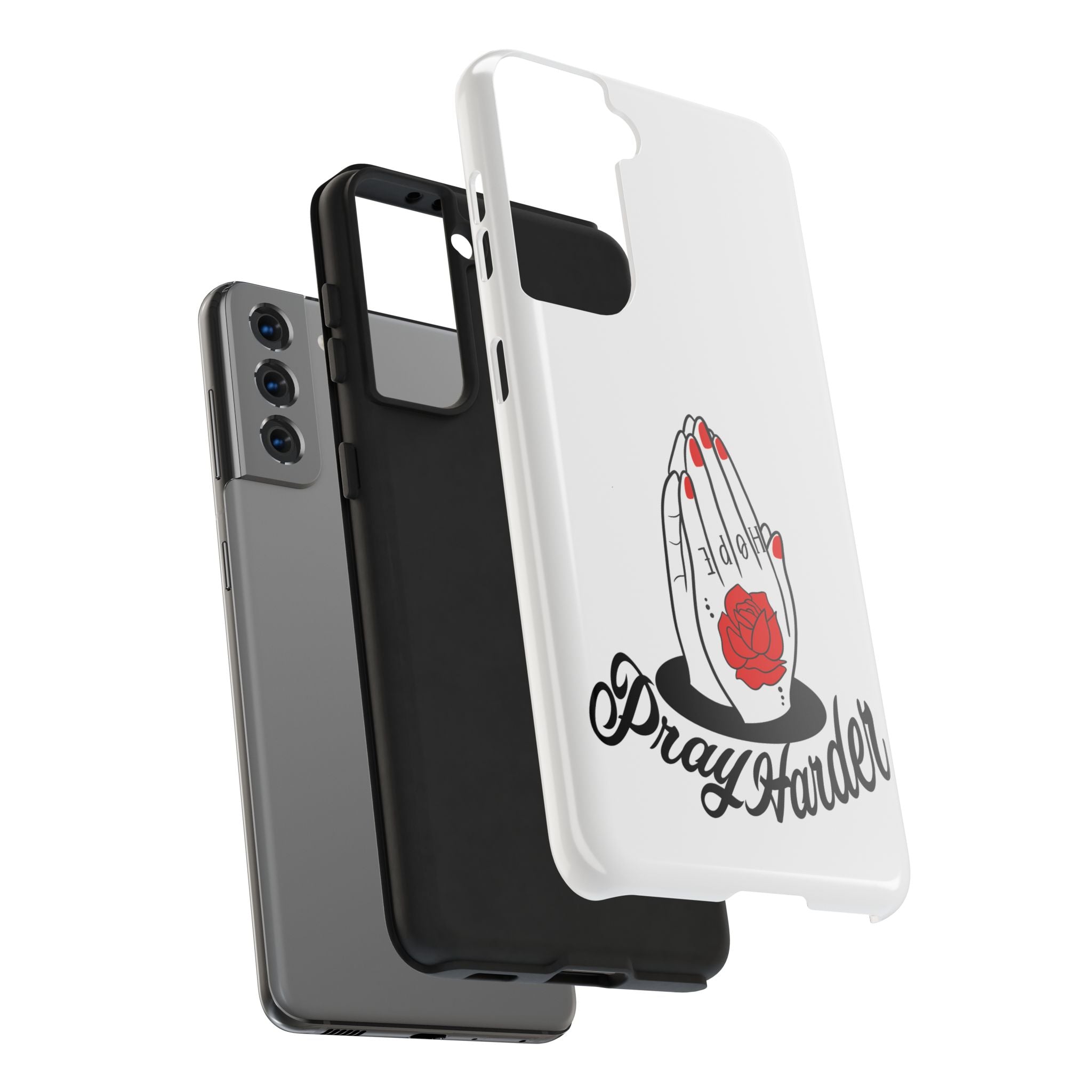 Pray Harder Phone Case — Tough Protective Phone Cover with Praying Hands & Rose Design