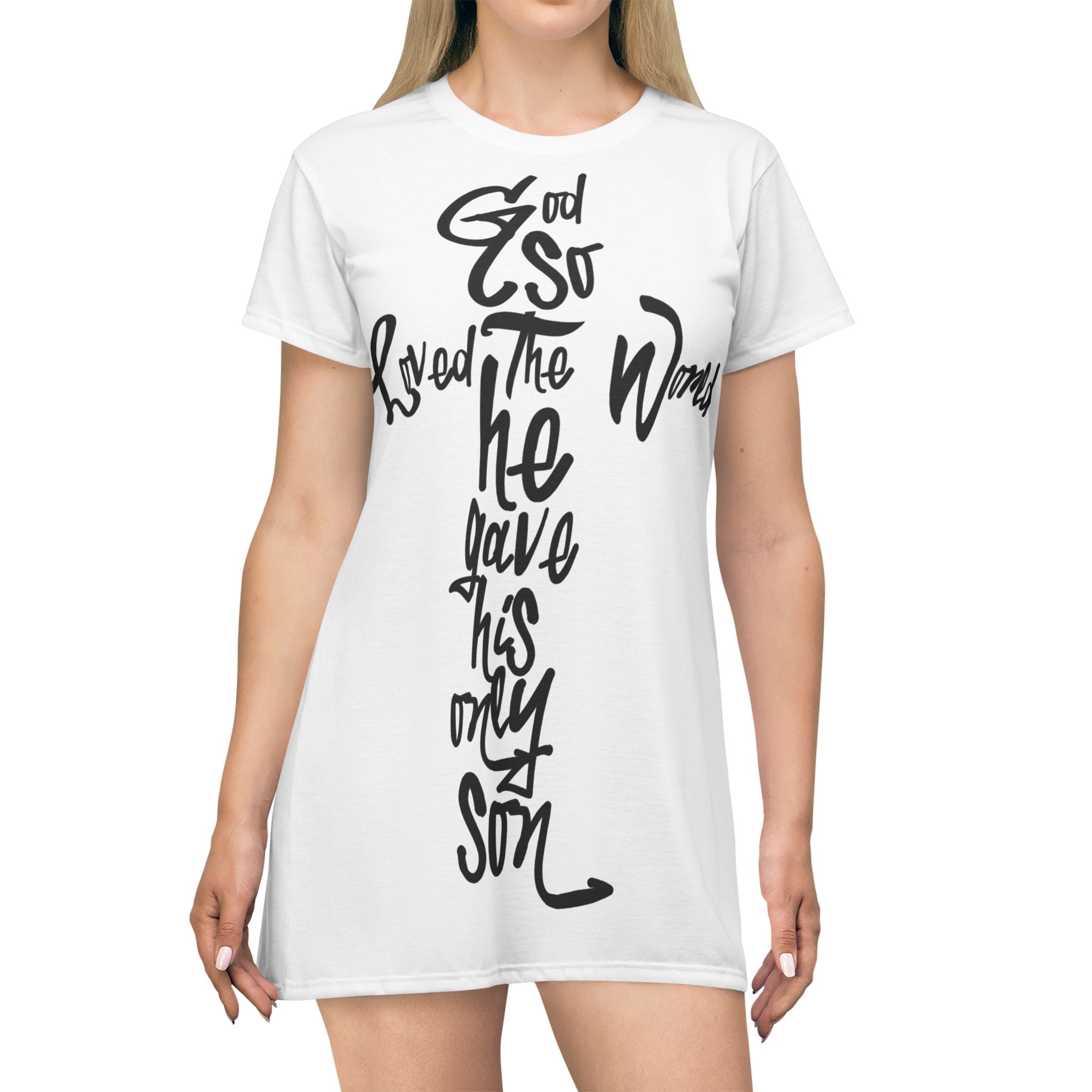 Christian Cross T‑Shirt Dress — "For God So Loved the World He Gave His Only Son" Religious Tee Dress