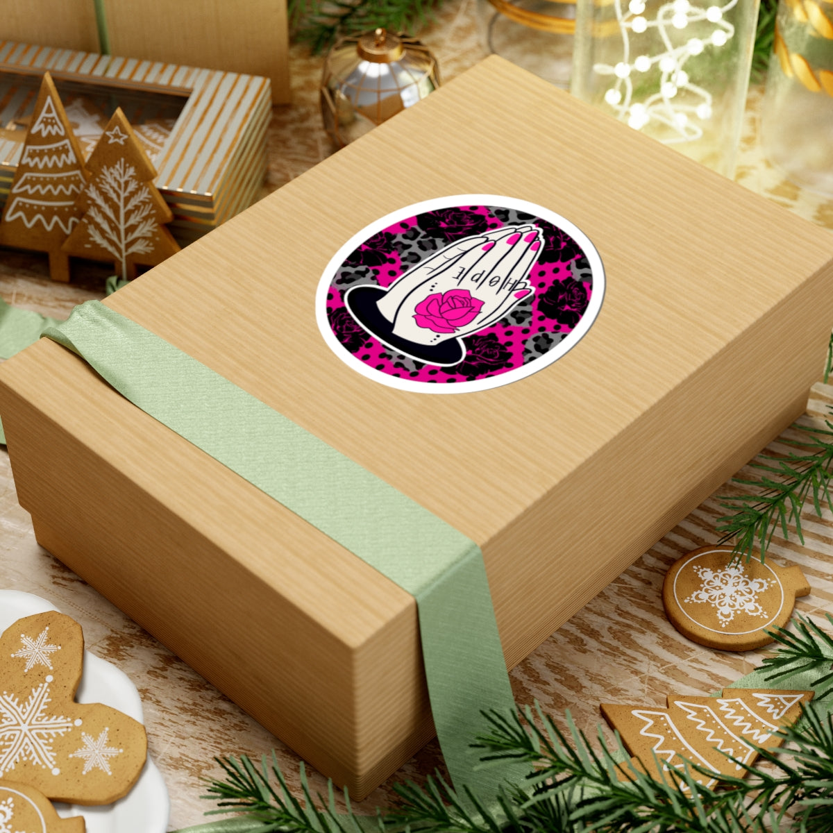 Praying Hands Rose Sticker — Pink Leopard Kiss-Cut Vinyl Sticker