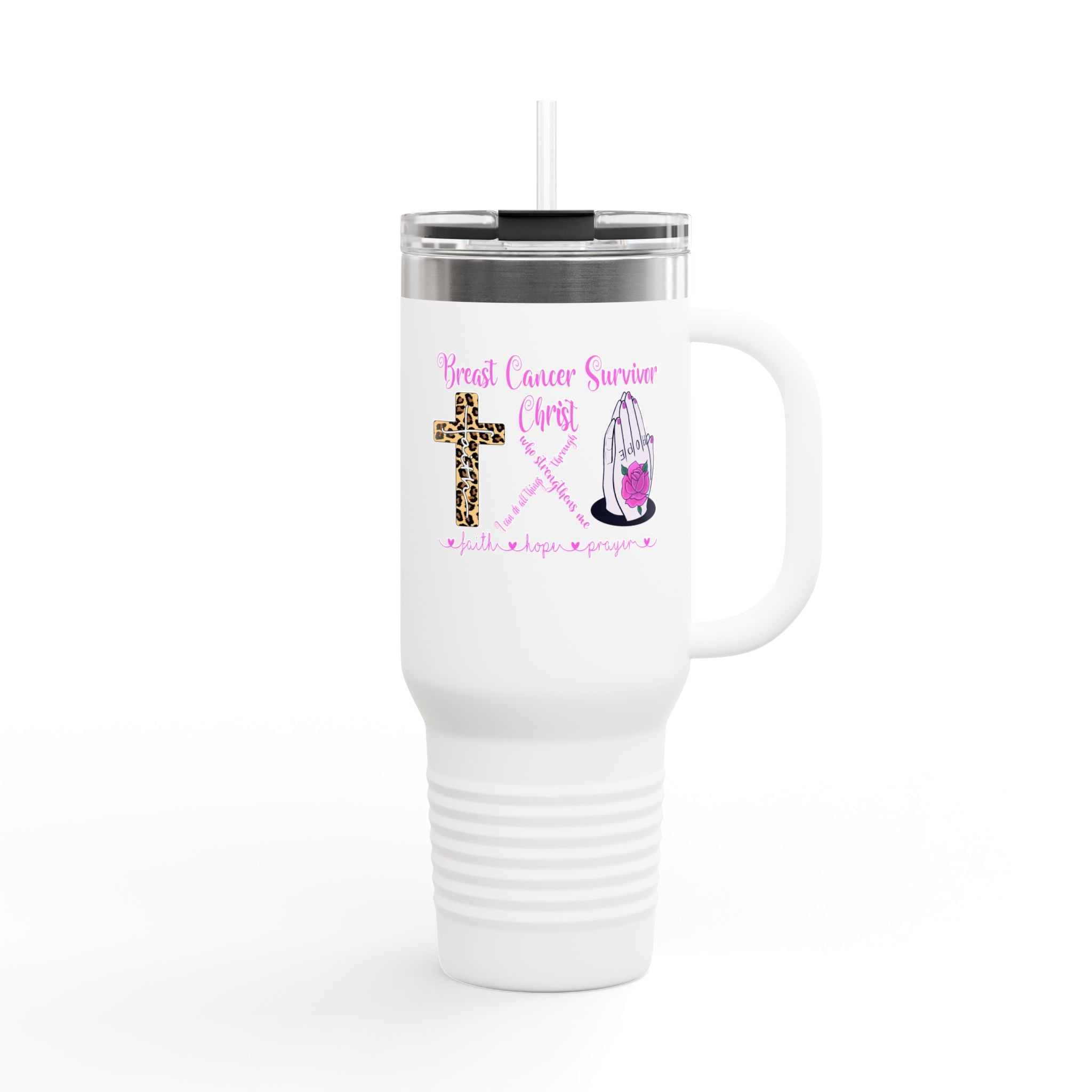 Breast Cancer Survivor 40oz Insulated Travel Mug – Faith, Hope & Prayer Design