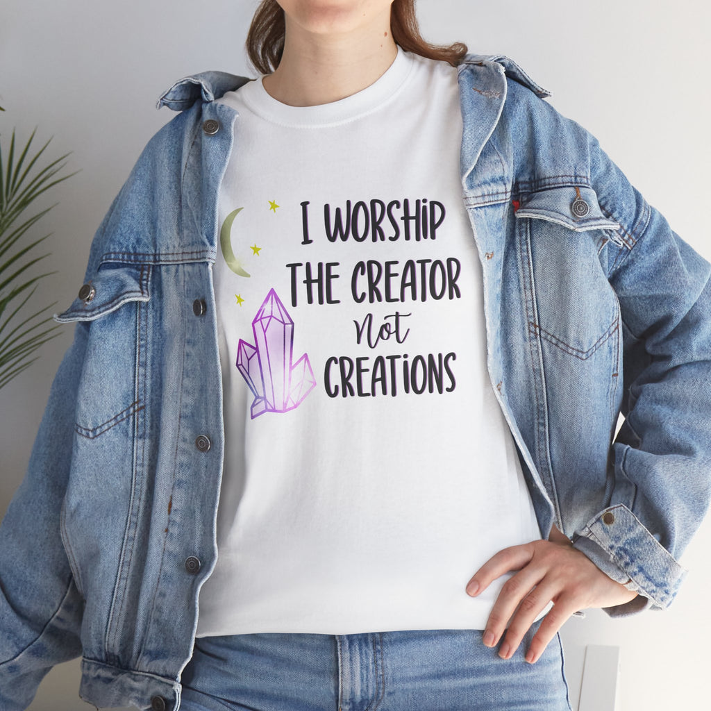 Christian Graphic Tee - "I Worship The Creator Not Creations" Crystal Moon Faith T-Shirt