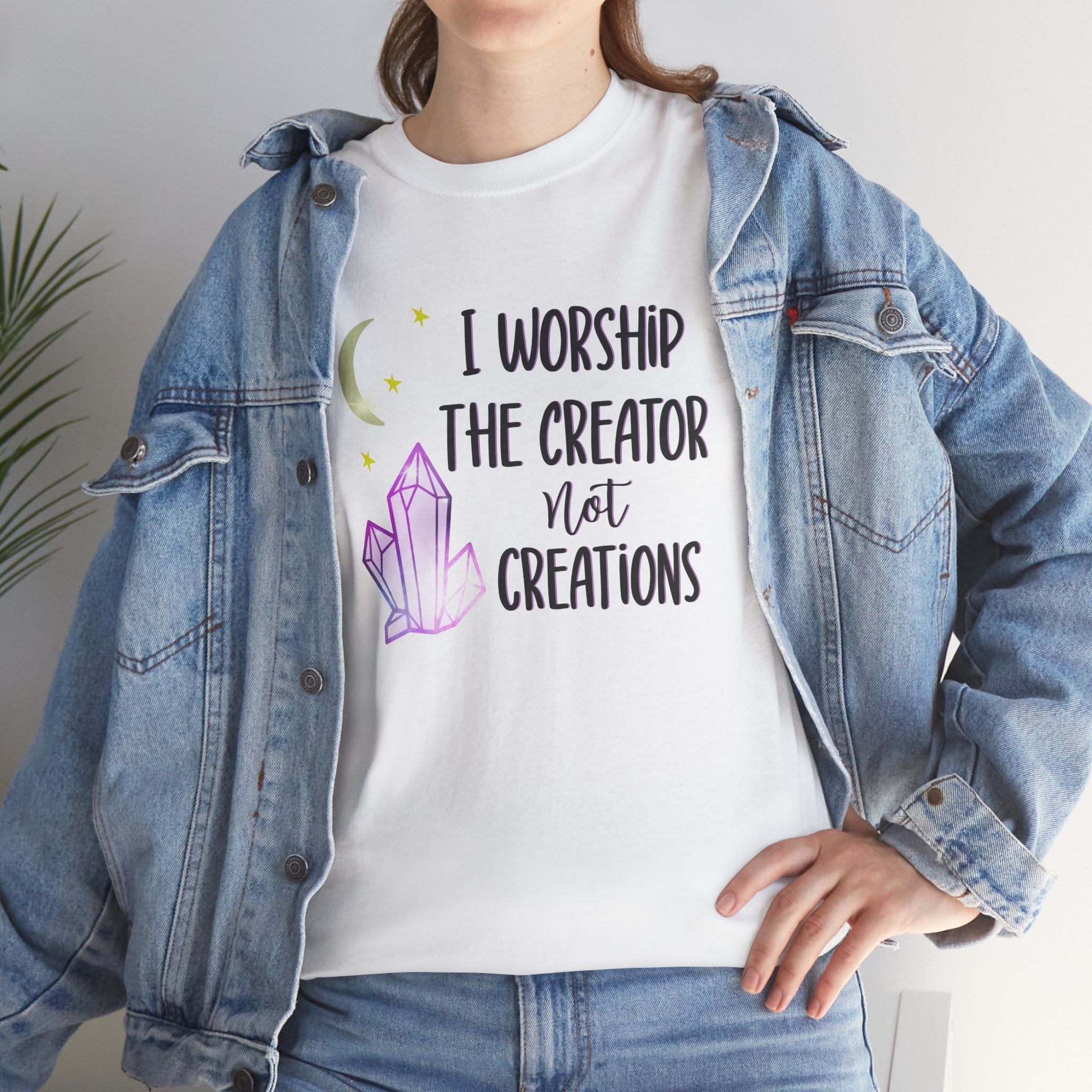Christian Graphic Tee - "I Worship The Creator Not Creations" Crystal Moon Faith T-Shirt