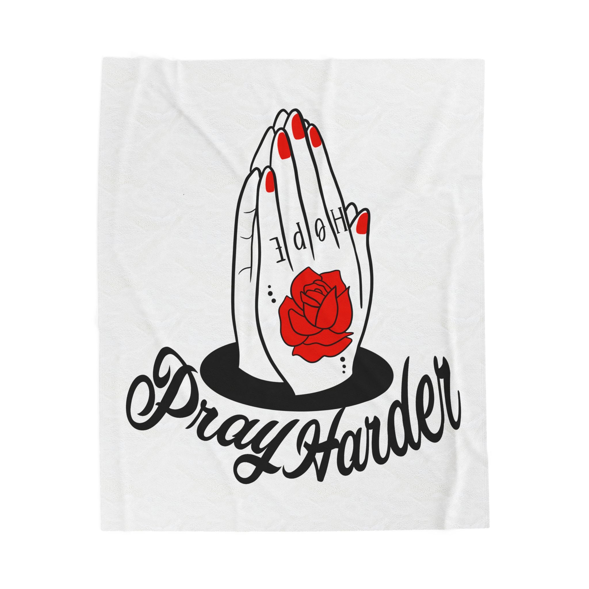 Pray Harder Velveteen Plush Blanket – Prayer Hands & Rose Graphic Throw