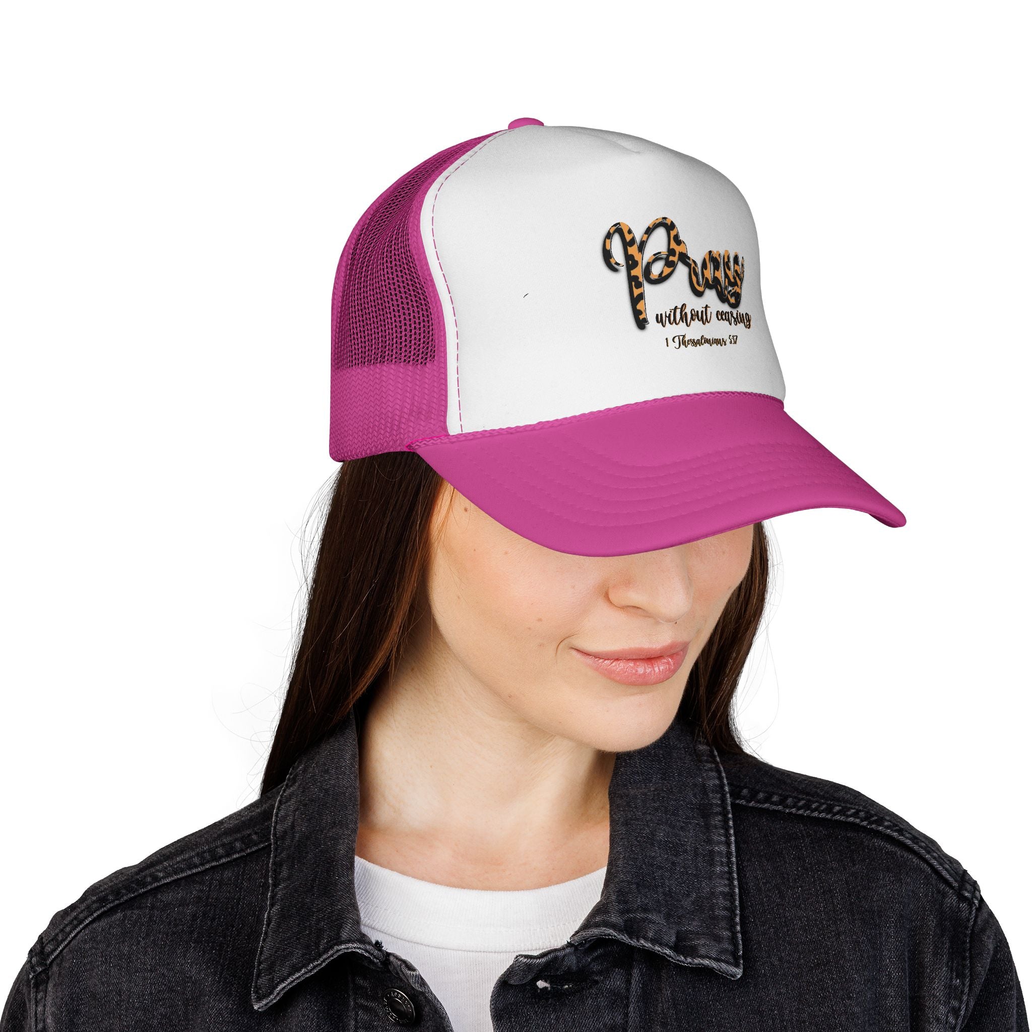 Pray Without Ceasing Leopard Trucker Cap