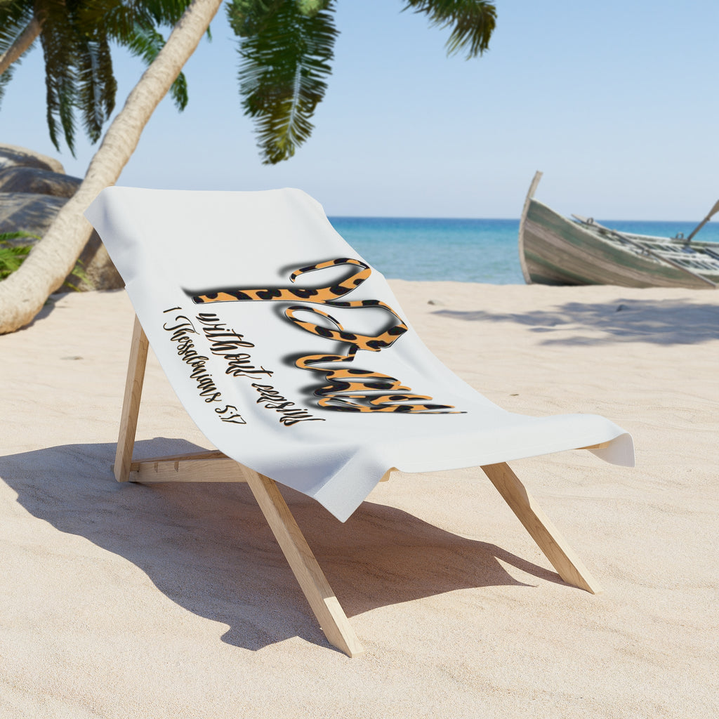 Beach Towel — "Pray Without Ceasing" Leopard Script Christian Beach Towel