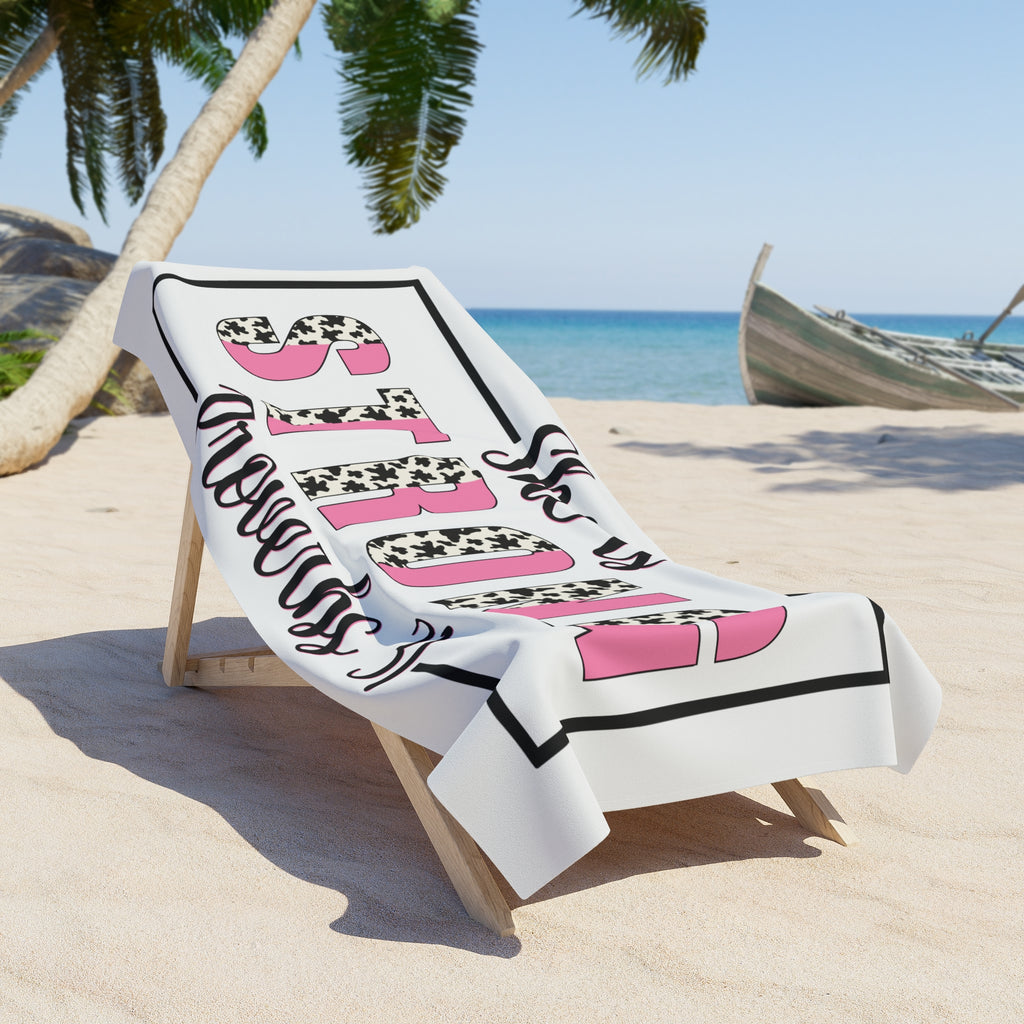 She Is Strong Beach Towel – Proverbs 31 Inspirational Pink Cow Print