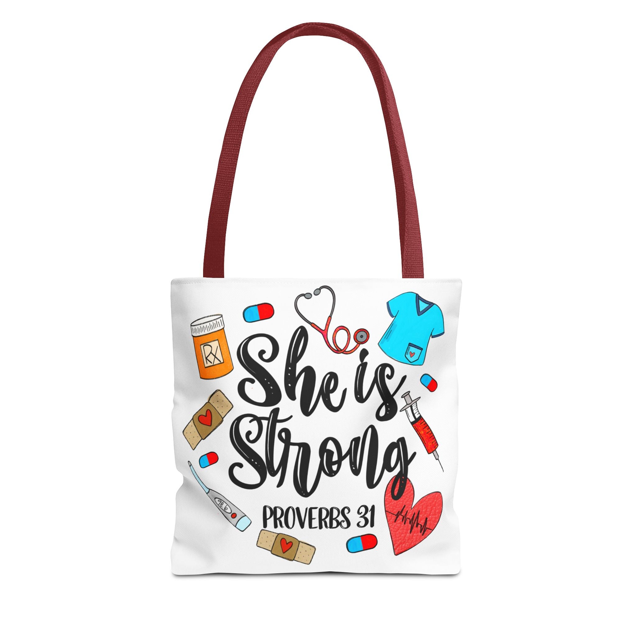 She Is Strong Tote Bag - Proverbs 31 Nurse & Healthcare Inspirational Canvas Tote