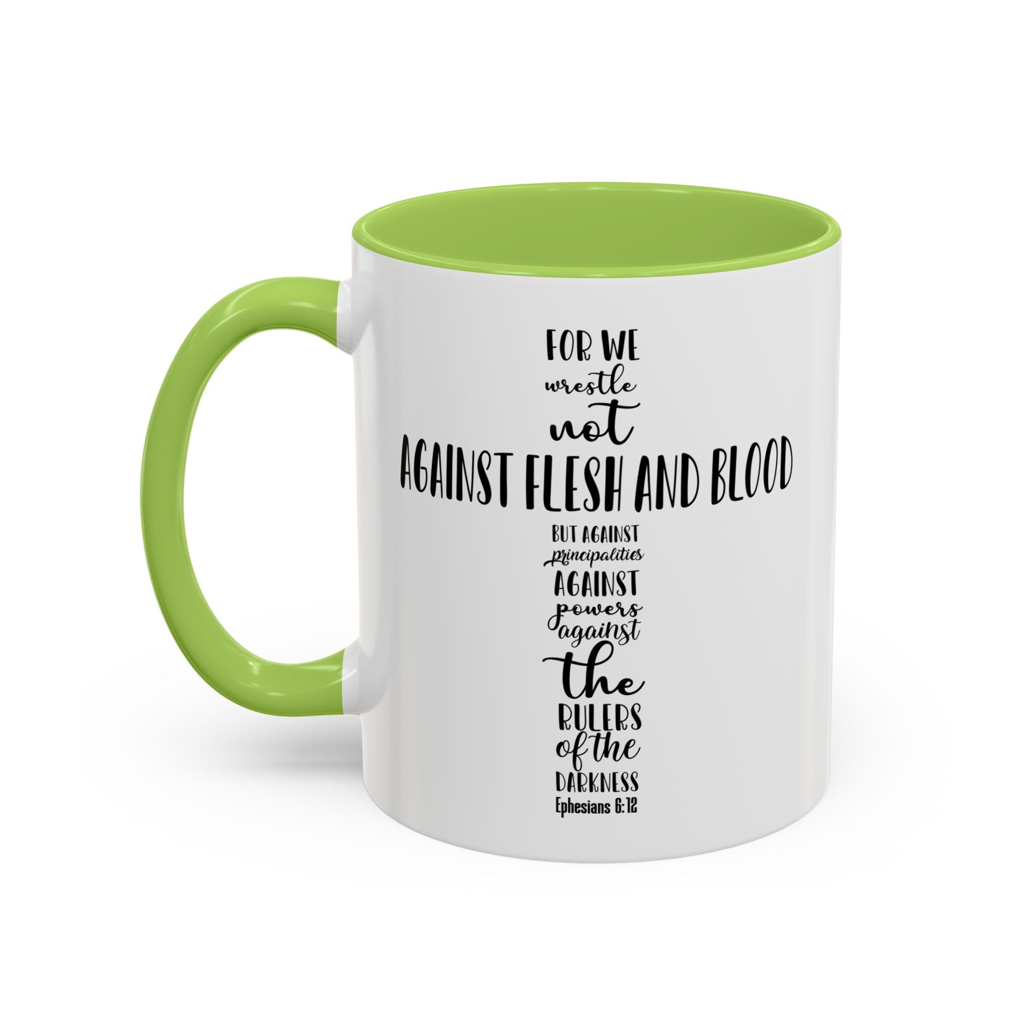 Christian Cross Coffee Mug - "Not Against Flesh and Blood" Inspirational Bible Verse Accent Mug