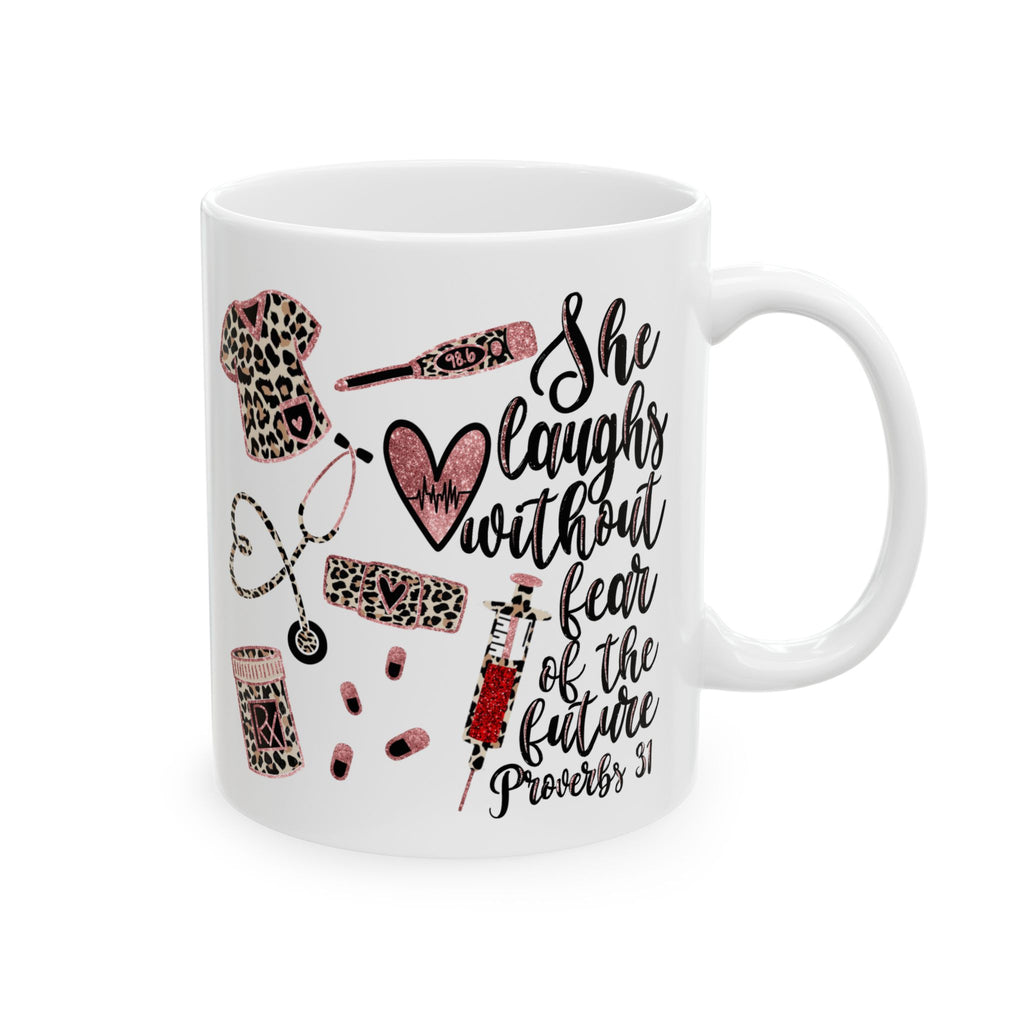 She Laughs Without Fear Coffee Nurse Mug — Proverbs 31 Nursing Leopard Ceramic Mug (11oz/15oz)