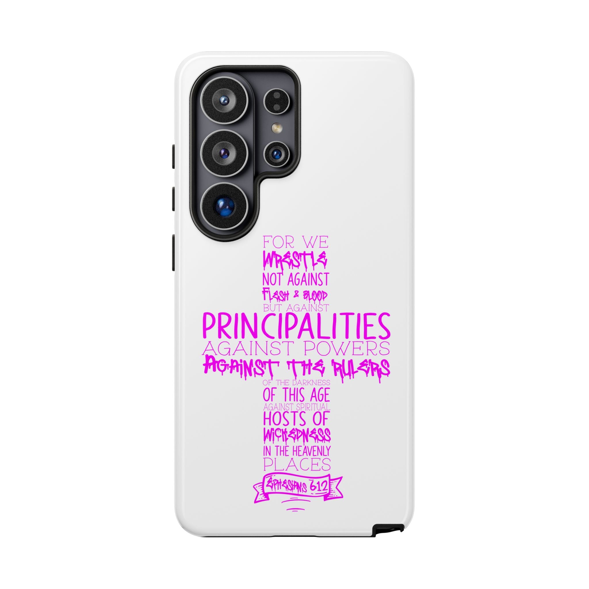 Armor of God Christian Cross Phone Case — Ephesians 6:12 Pink Typography Tough Case