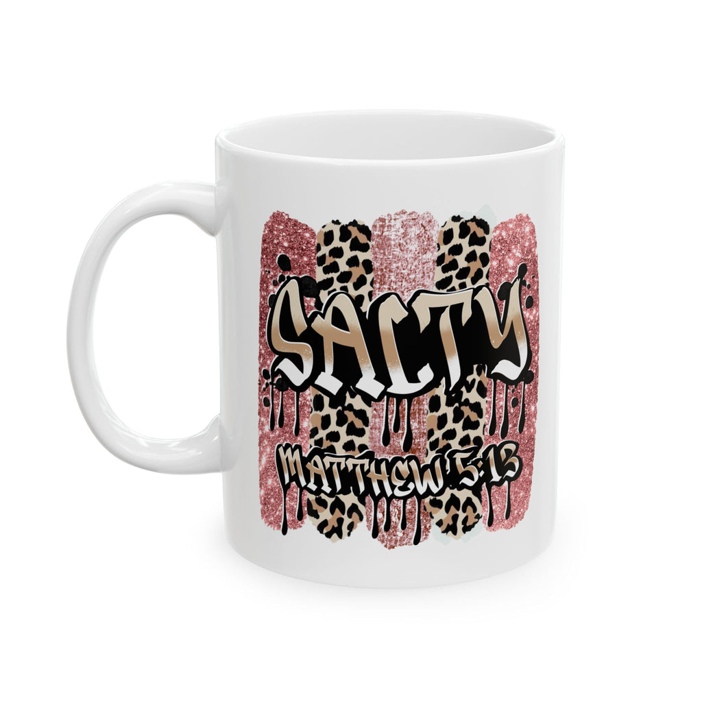 Salty Matthew 5:13 Ceramic Mug — Bible Verse Leopard & Pink Glitter Graphic Coffee Cup (11oz/15oz)
