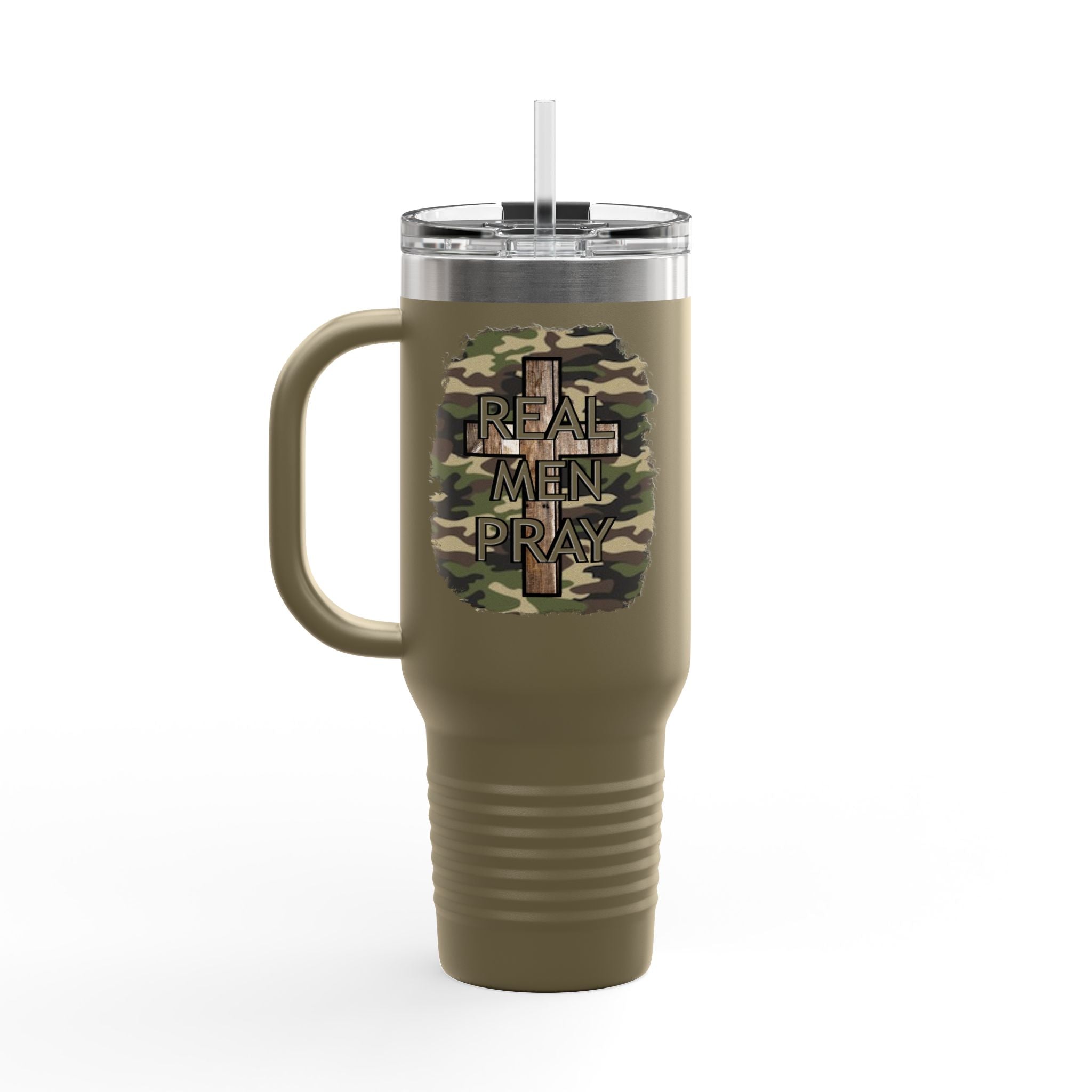 40oz Insulated Travel Mug — "Real Men Pray" Camouflage Cross Design