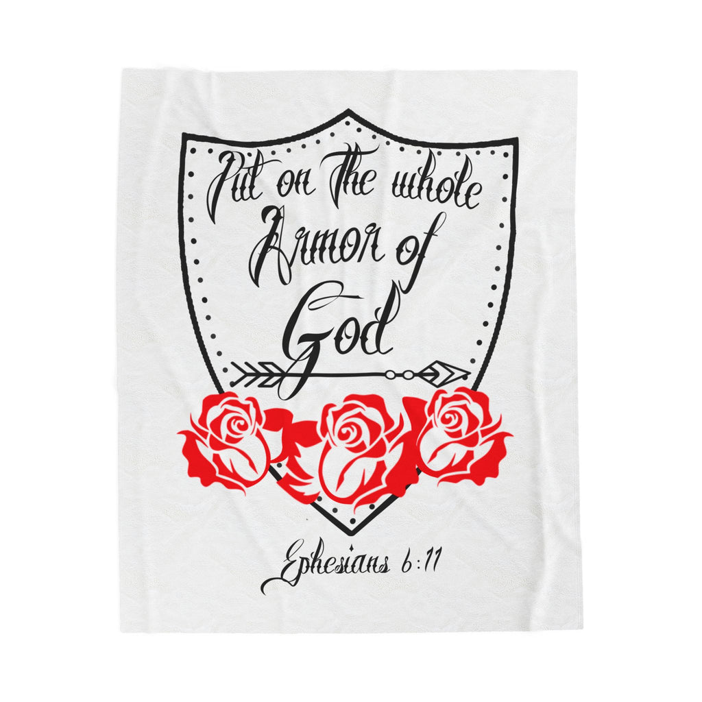 Velveteen Blanket — "Put on the Whole Armor of God" Ephesians 6:11 Christian Throw with Shield & Roses