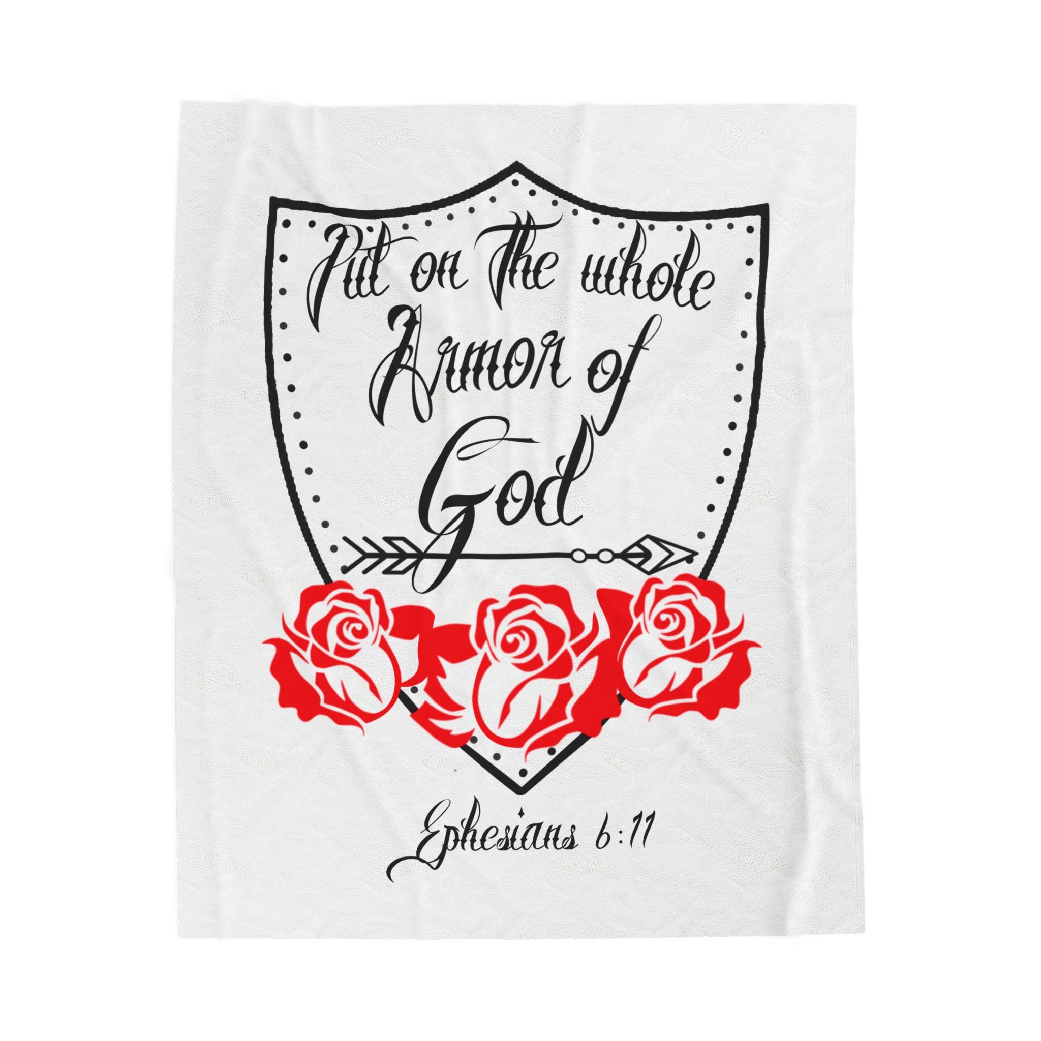 Velveteen Blanket — "Put on the Whole Armor of God" Ephesians 6:11 Christian Throw with Shield & Roses